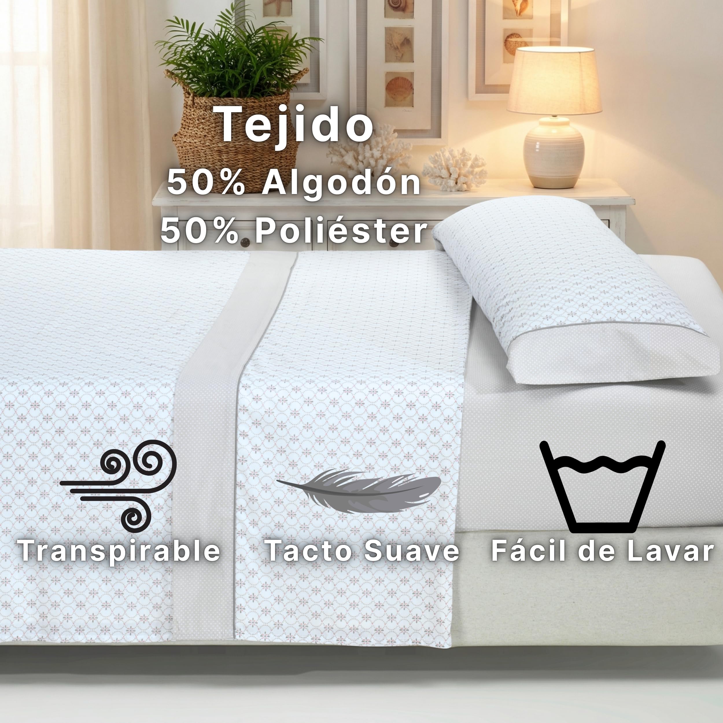 Sábanas 90x190 - Juego de Sábanas 3 Piezas - Algodón y Poliéster - Sábana Bajera Ajustable hasta 30 cm, Encimera y Funda Almohada - Ropa de Cama Estampada Suave y Transpirable (Lira Verde) — view 3