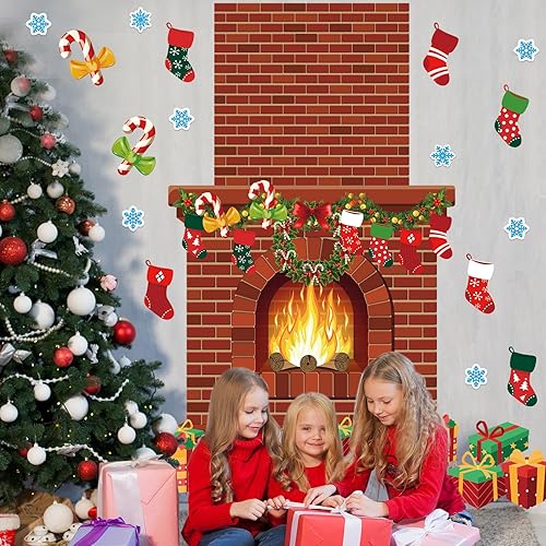 Miniatura 5 de Tatuo 71 tablones de anuncios para chimenea de Navidad, fondo de chimenea de ladrillo, árbol de Navidad, dulces, copos de nieve, recortes para aula