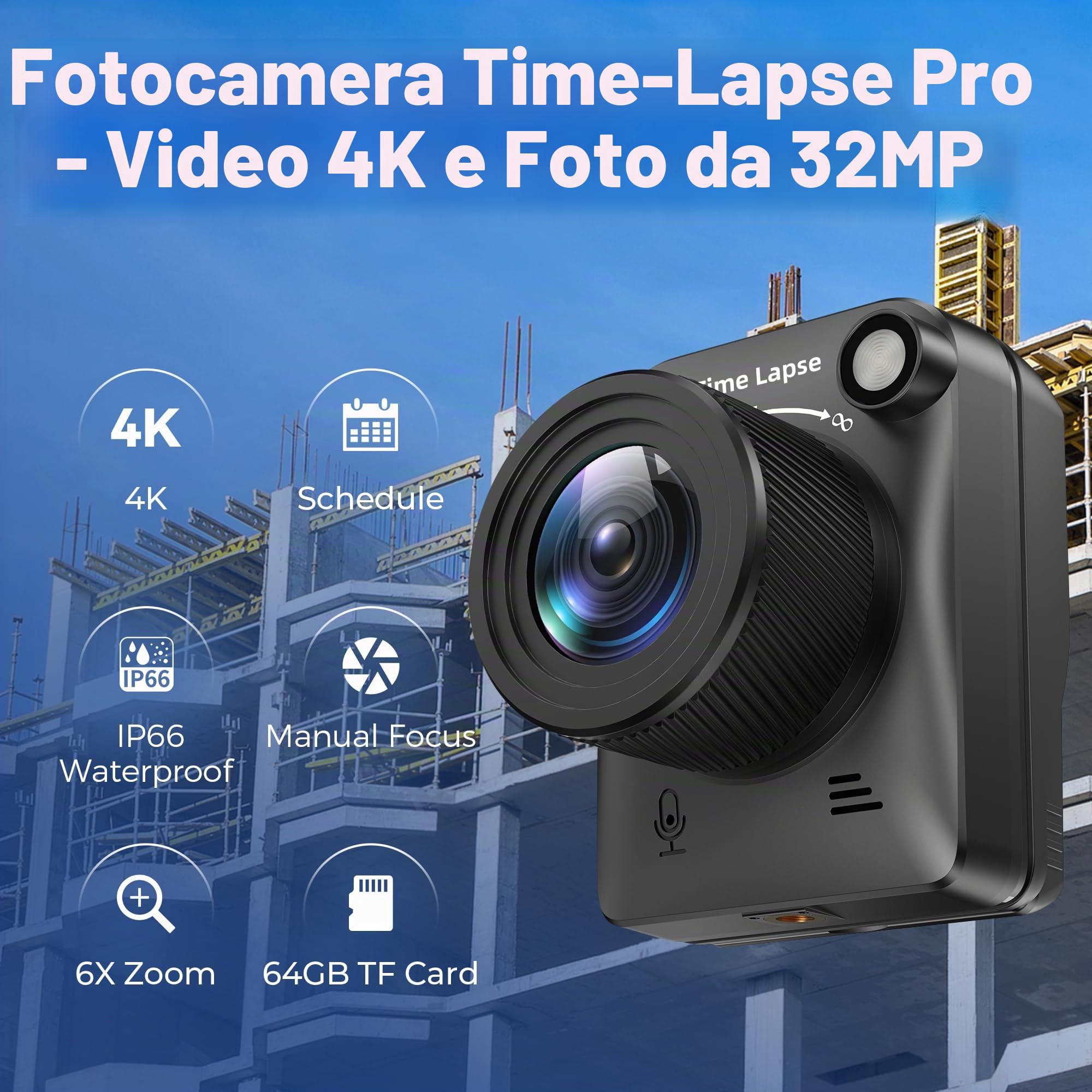 Fotocamera Timelapse,Telecamera Time Lapse 4K FHD per Esterni,Livello Impermeabile IP66,per Registrare Costruzioni all'Aperto,Meteo,Piante,Durata della Batteria di 6 Mesi,Scheda TF da 64 GB Inclusa