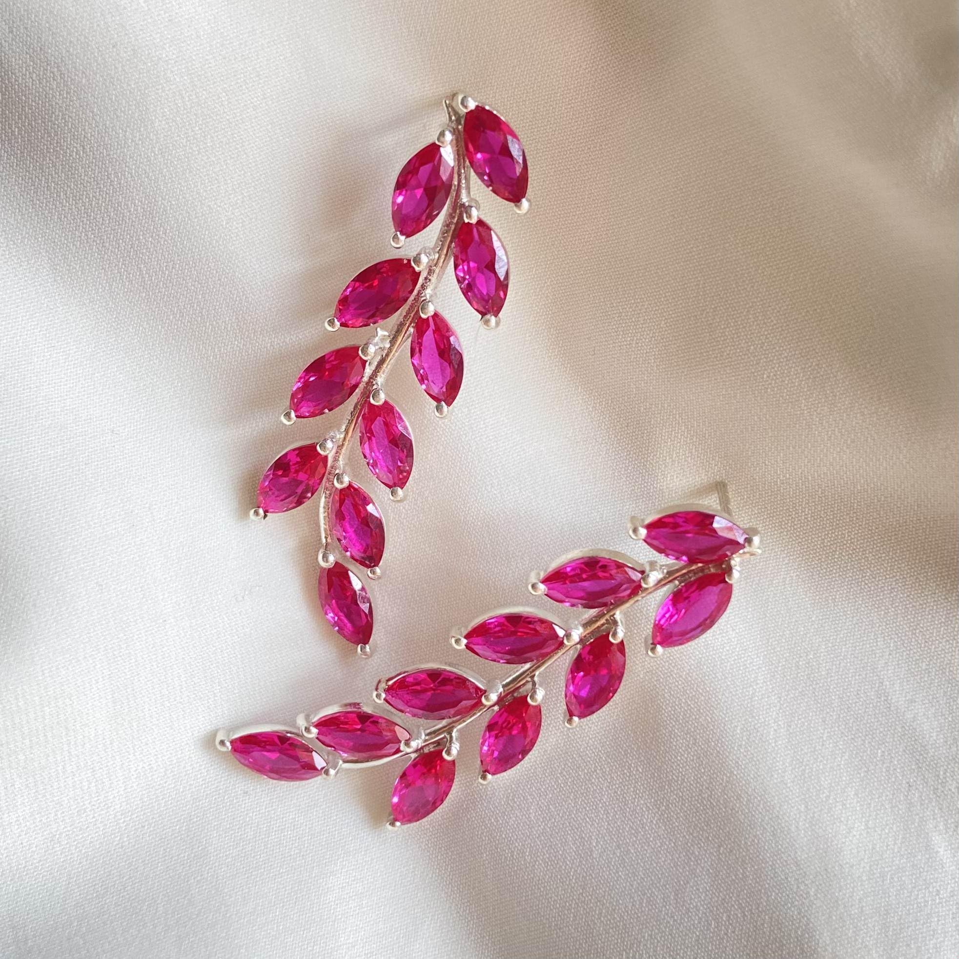 Rosa caldo CZ pietra preziosa foglia Orecchini | Gioielli Barbie fatti a mano in argento sterling 925