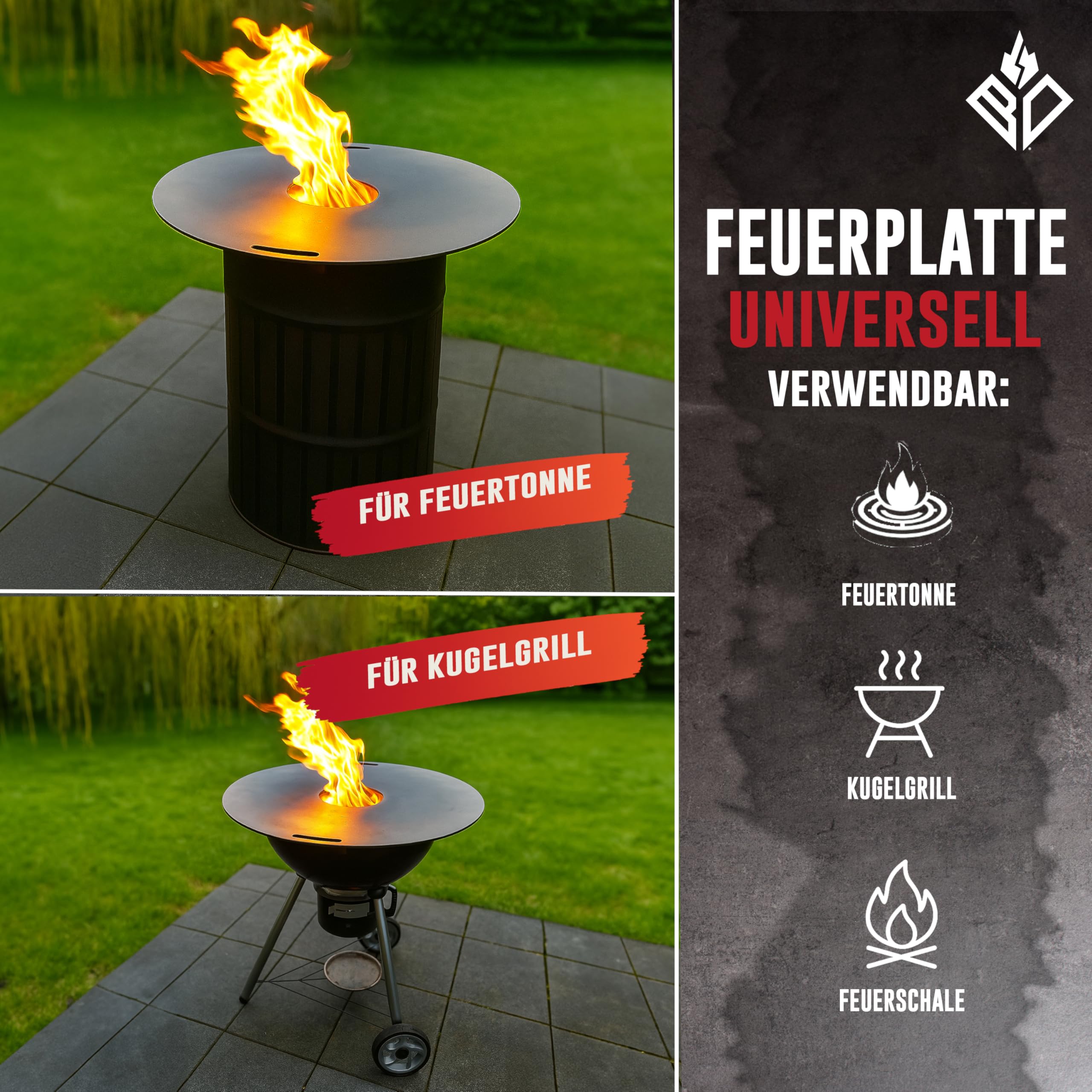 Feuerplatte für Feuertonne & Kugelgrill ⌀ 80cm (Made IN Europe) aus legiertem Stahl (6mm Stärke) - Grillplatte & Grillaufsatz (rund) mit Feuerloch & Handgriffe - BBQ Grillring