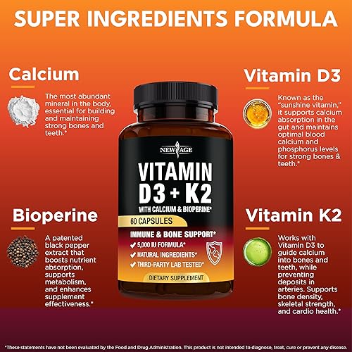 Miniatura 2 de NEW AGE Vitamina D3 5,000 UI + K2 MK-7 100 mcg - 2 en 1 hueso, apoyo inmunológico y cardíaco, fácil de tragar, sin OMG - 180 cápsulas