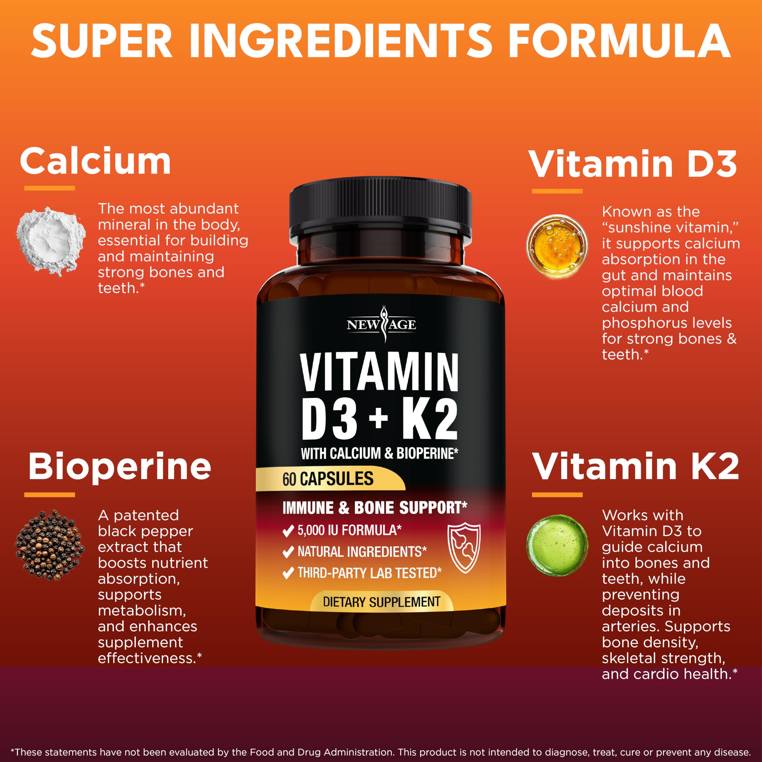 NEW AGE Vitamin D3 5,000 IU + K2 MK-7 100 mcg - 2-in-1 Bone, Immune & Heart Support, Easy to Swallow, Non-GMO - 180 Capsules — Amazon image 2