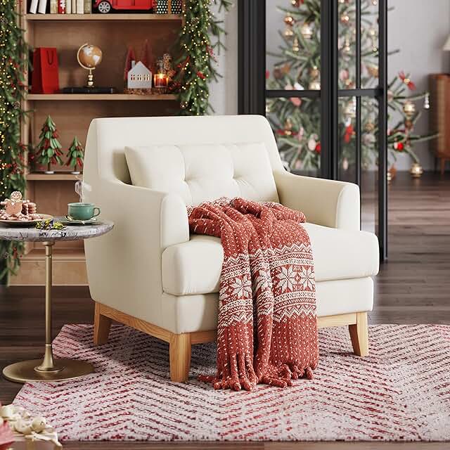 LINSY Accent Chair, Large Reading Chair with Rubberwood Base, Mid Centur...