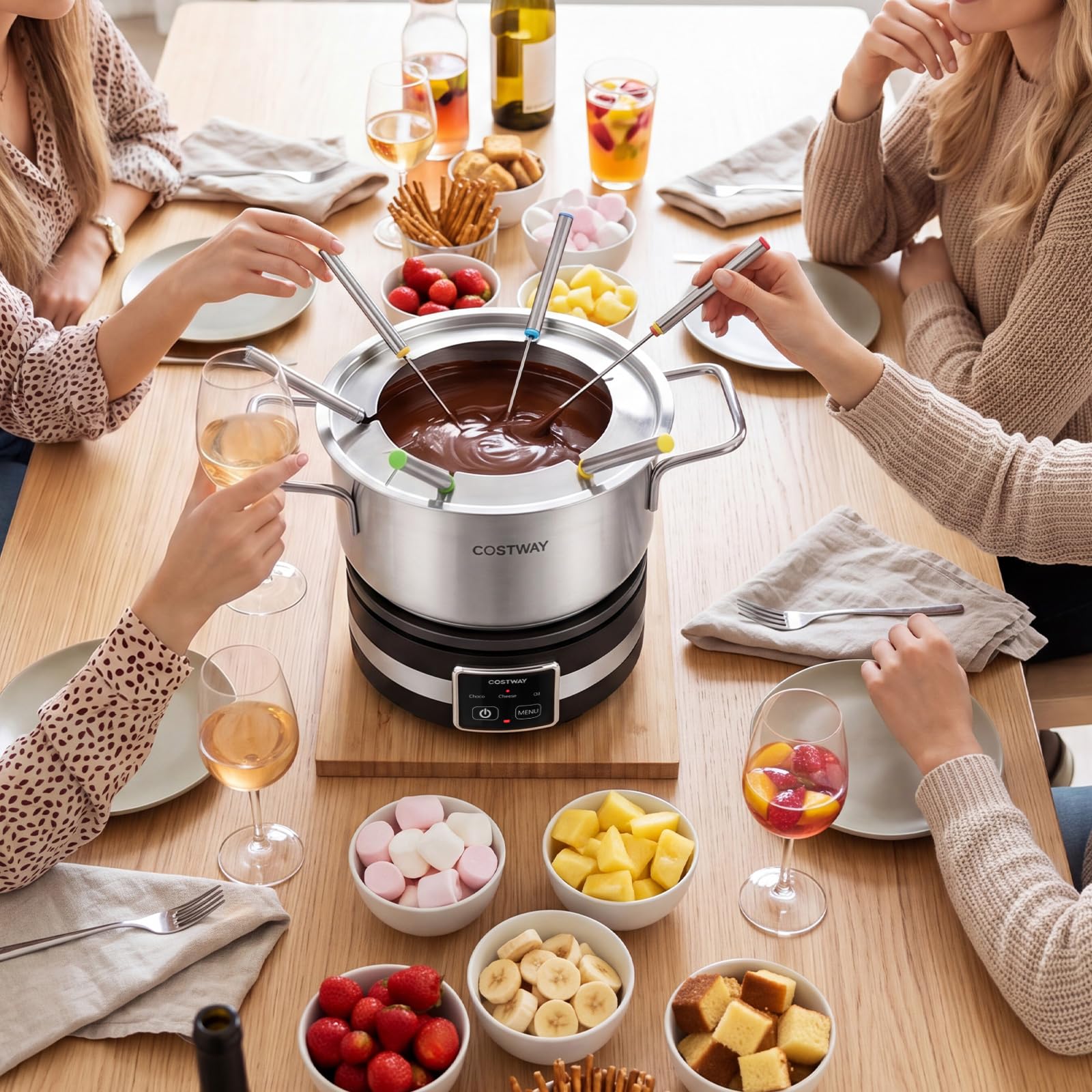 COSTWAY Appareil à Fondue Électrique 2,3L, 1200W, Service à Fondue en Acier Inoxydable, 6 Fourchettes Incluses, Thermostat Réglable, Compatible Lave-Vaisselle, pour Chocolat, Fromage