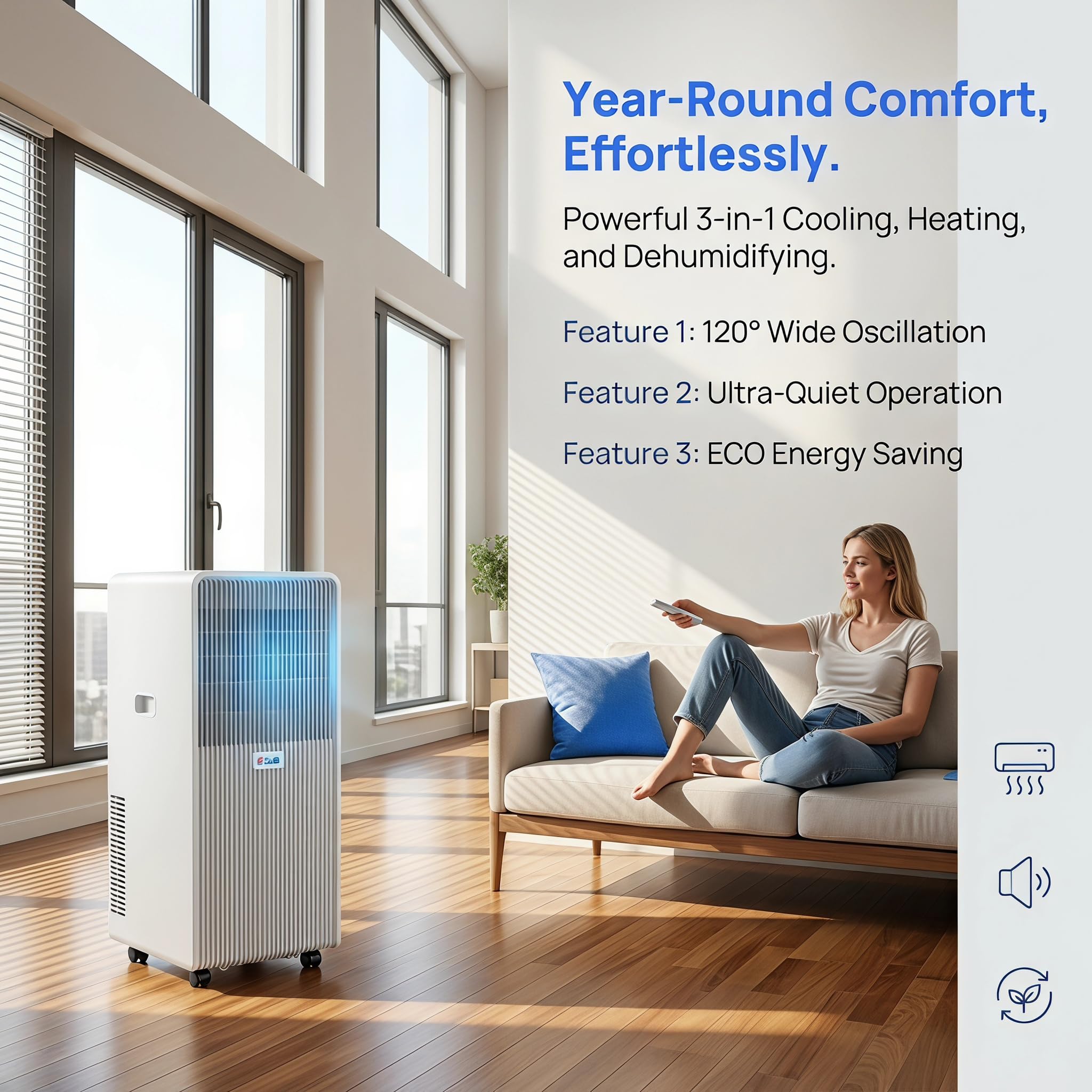 Aire acondicionado portátil con control remoto, ventilador deshumidificador silencioso, oscilación de 120°, temporizador de 24 horas, kit de ventana incluido para oficina en casa, refrigeración de