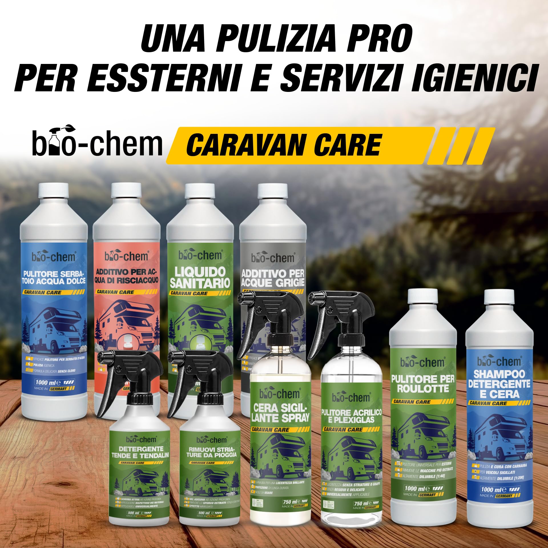 bio-chem - Prodotto per la Pulizia di roulotte e Camper 1L + spruzzatore di Schiuma 1,5L - Detergente per Caravan, Tende da Sole - Manutenzione dei Veicoli da Campeggio