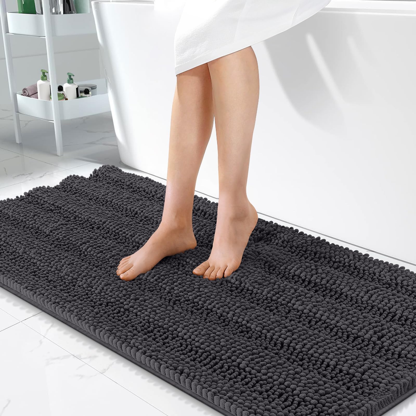 OLANLY Thick Bathroom Runner Rugs 47x24, Soft Chenille Bath Rugs, Dark Grey