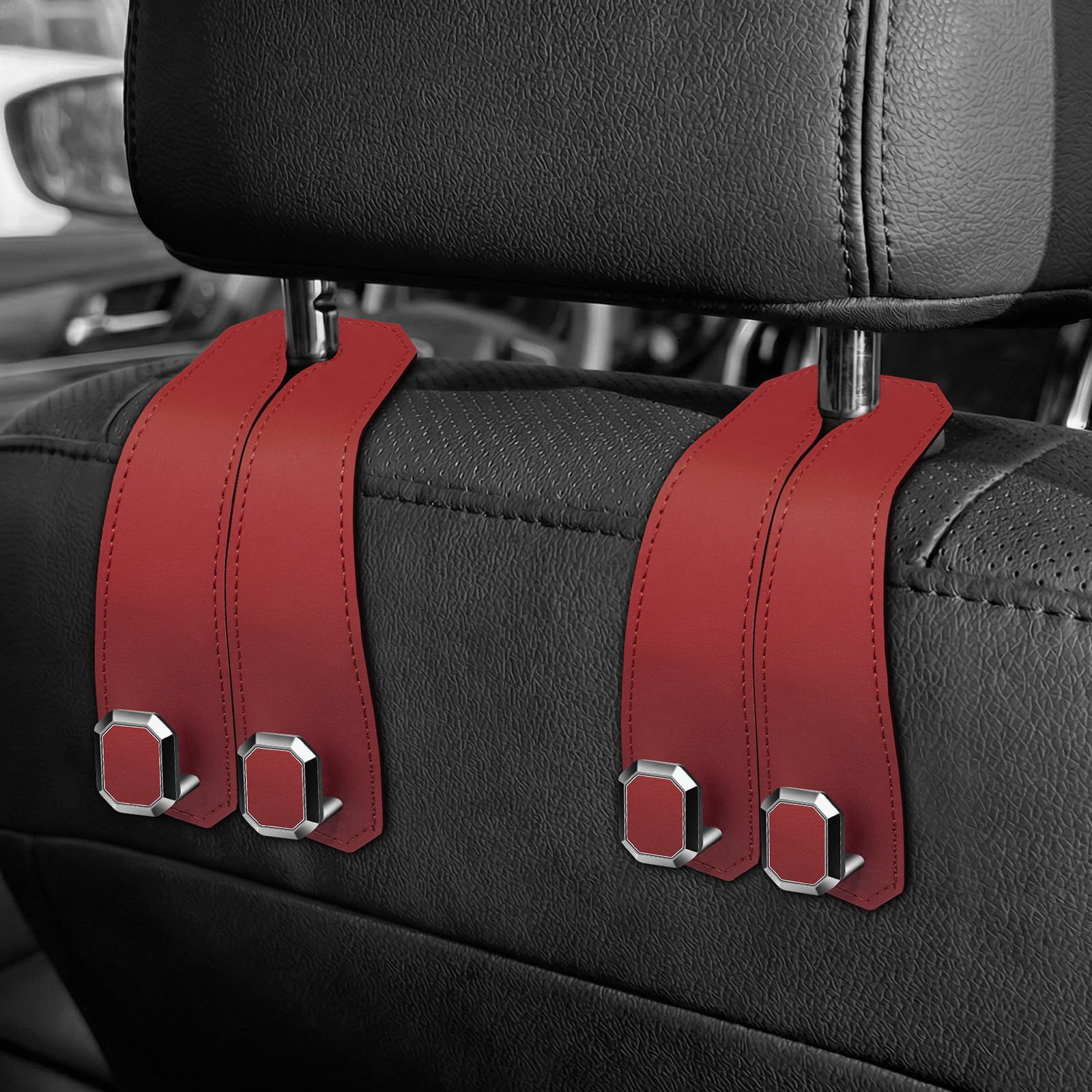 Lot de 2 crochets de sac à main pour appuie-tête de voiture, cuir synthétique, cristaux doubles en métal pour porte-monnaie, sacs à main, organiseurs et rangement de siège arrière de voiture