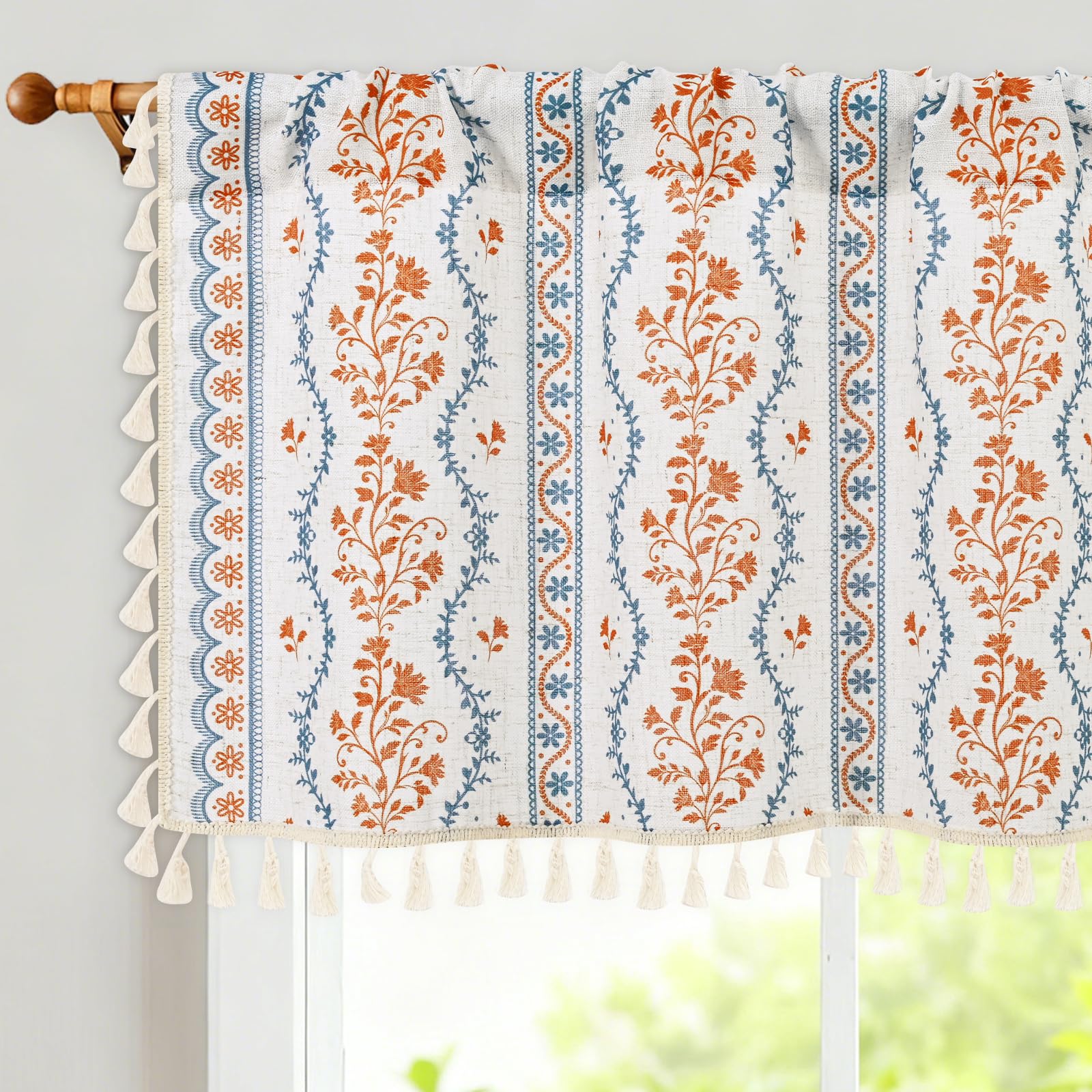 Yinhua Boho Valance Curtains Vintage Linen Kitchen Valances for Windows Light Filtering Bohemian Floral Valance Rod Pocket Tassel Window Valances for Bathroom Cafe, 52" W X 18" L, Blue Orange Floral