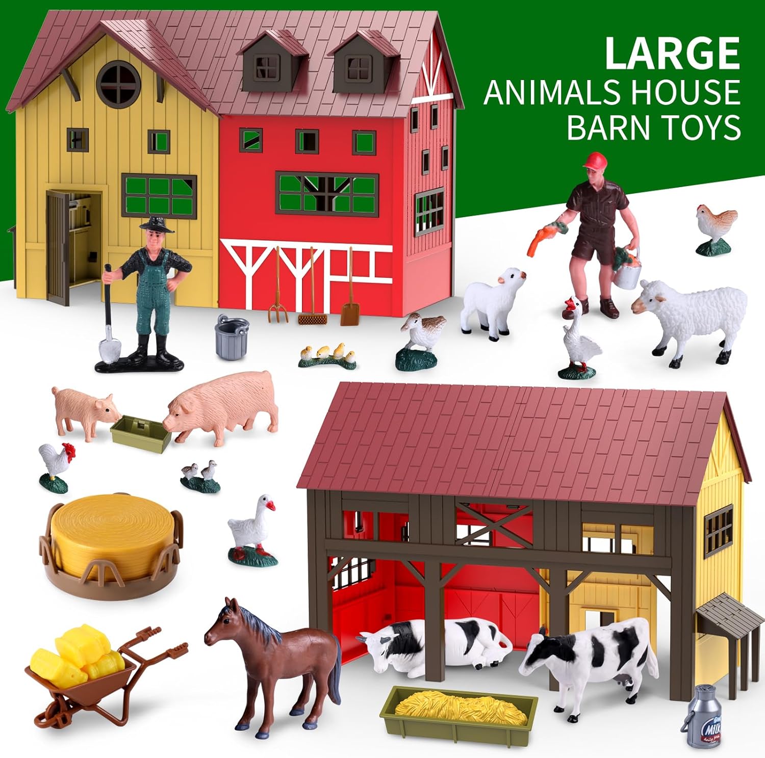 Dwi Dowellin Farm Animals Figurines Toy Set, 140 Pieces with Barn, Horse Stable, Tractor Trailer, Windmill, Farmer, Fence, Plastic, for Kids Ages 3-12