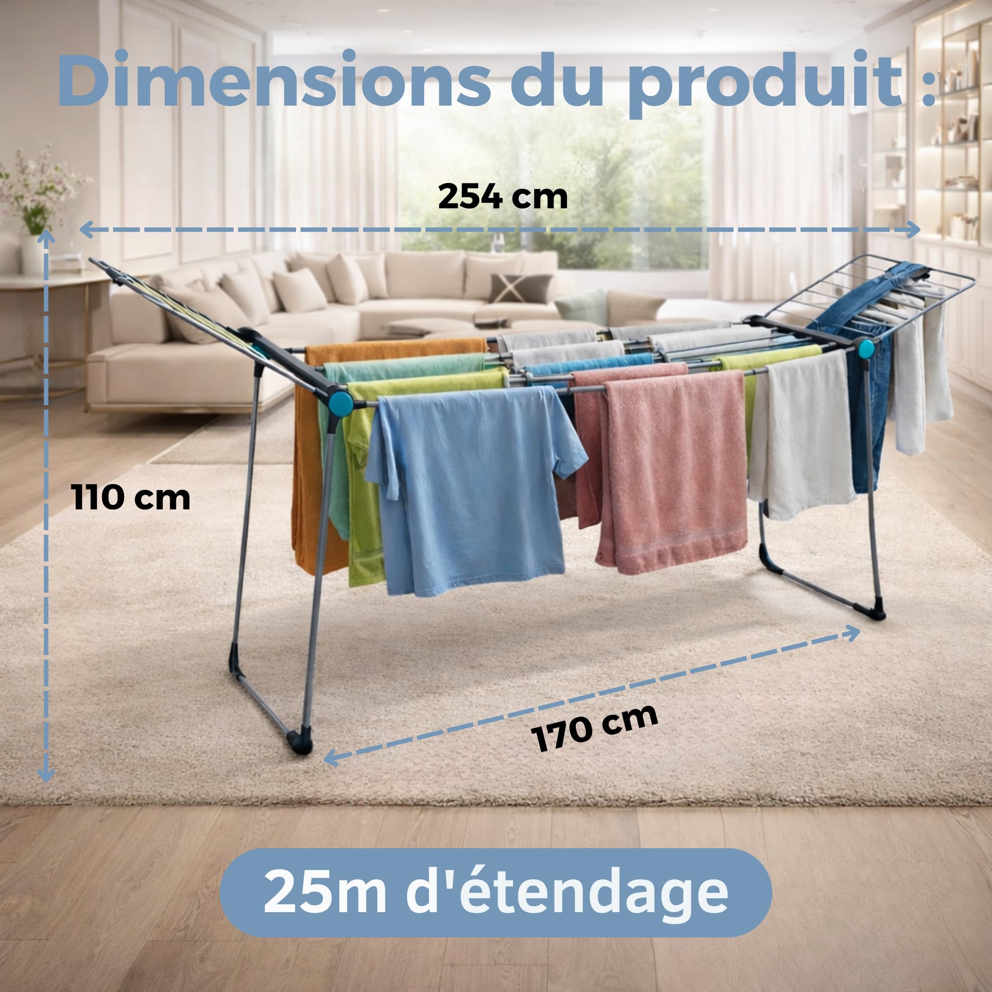 MELTA.® Dynamik 25 – Étendoir à Linge Extensible avec Partie Centrale Télescopique, 25 m de Séchage, Ailes Hautes, Structure Stable en Acier, avec roulettes, Gris et Vert