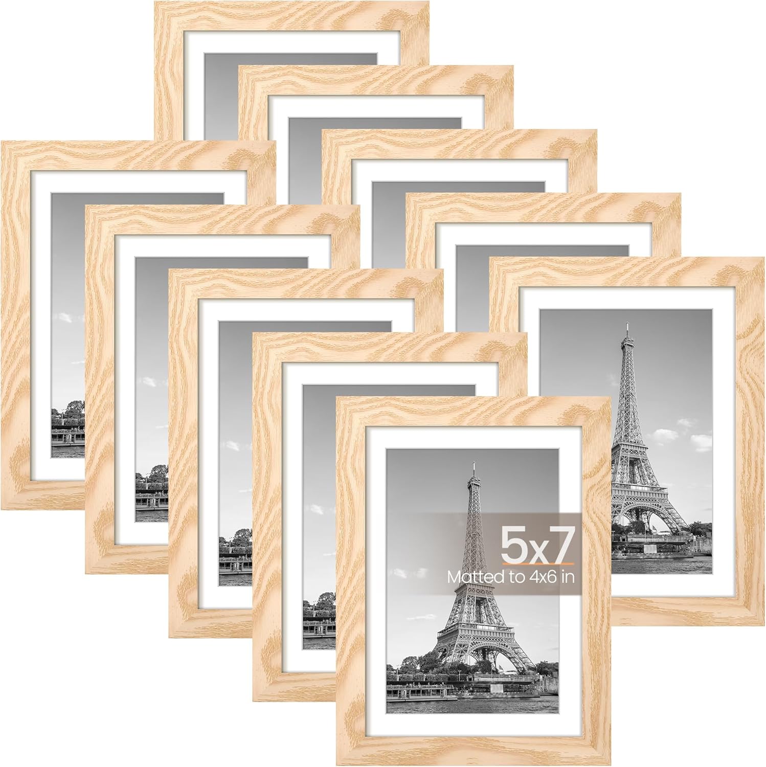 upsimples 5x7 Picture Frame Set of 10, Display Pictures 4x6 with Mat or 5x7 Without, Multi Photo Frames Collage for Wall or Tabletop Display, Natural