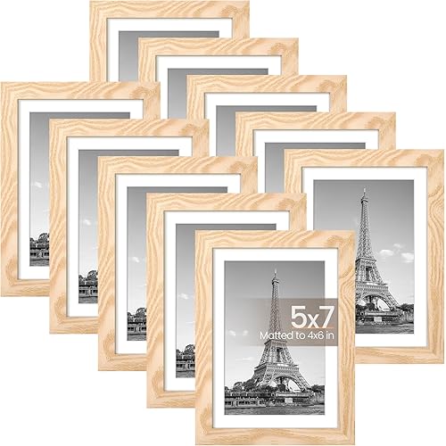 upsimples 5x7 Picture Frame Set of 10, Display Pictures 4x6 with Mat or 5x7 Without, Multi Photo Frames Collage for Wall or Tabletop Display, Natural