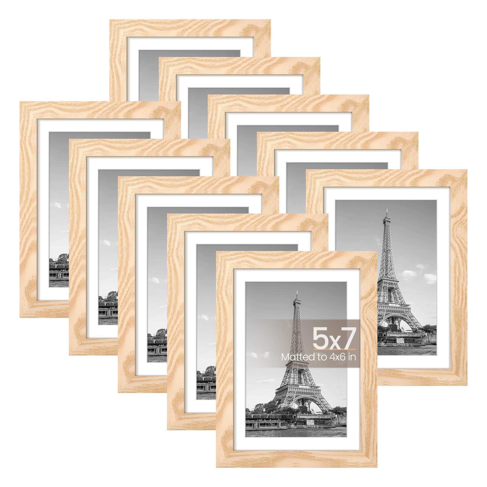 upsimples 5x7 Picture Frame Set of 10, Display Pictures 4x6 with Mat or 5x7 Without, Multi Photo Frames Collage for Wall or Tabletop Display, Natural