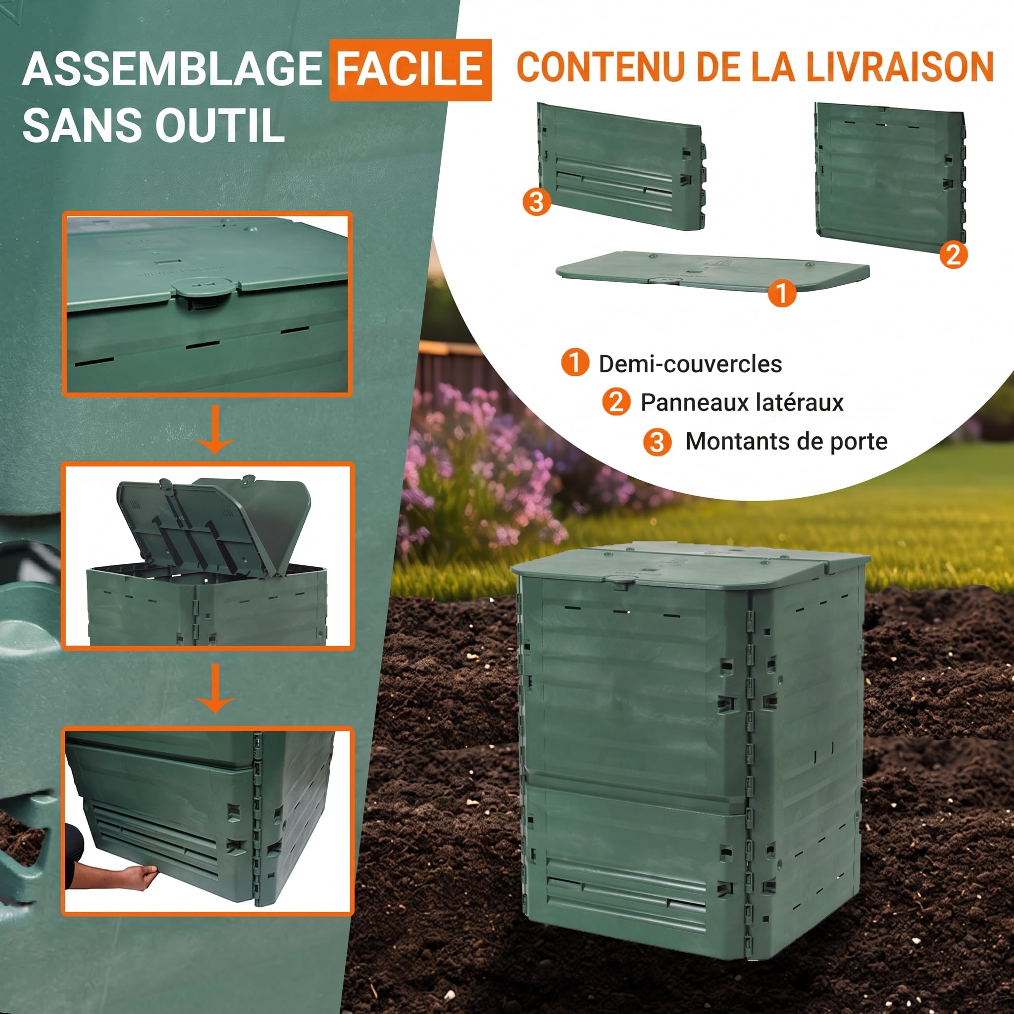 GARANTIA Thermo-King Composteur de Jardin 900L Vert – Bac à Compost extérieur Robuste – Composteur Grande capacité pour déchets organiques – Bacs à Compost Pratiques pour Potager et Jardin