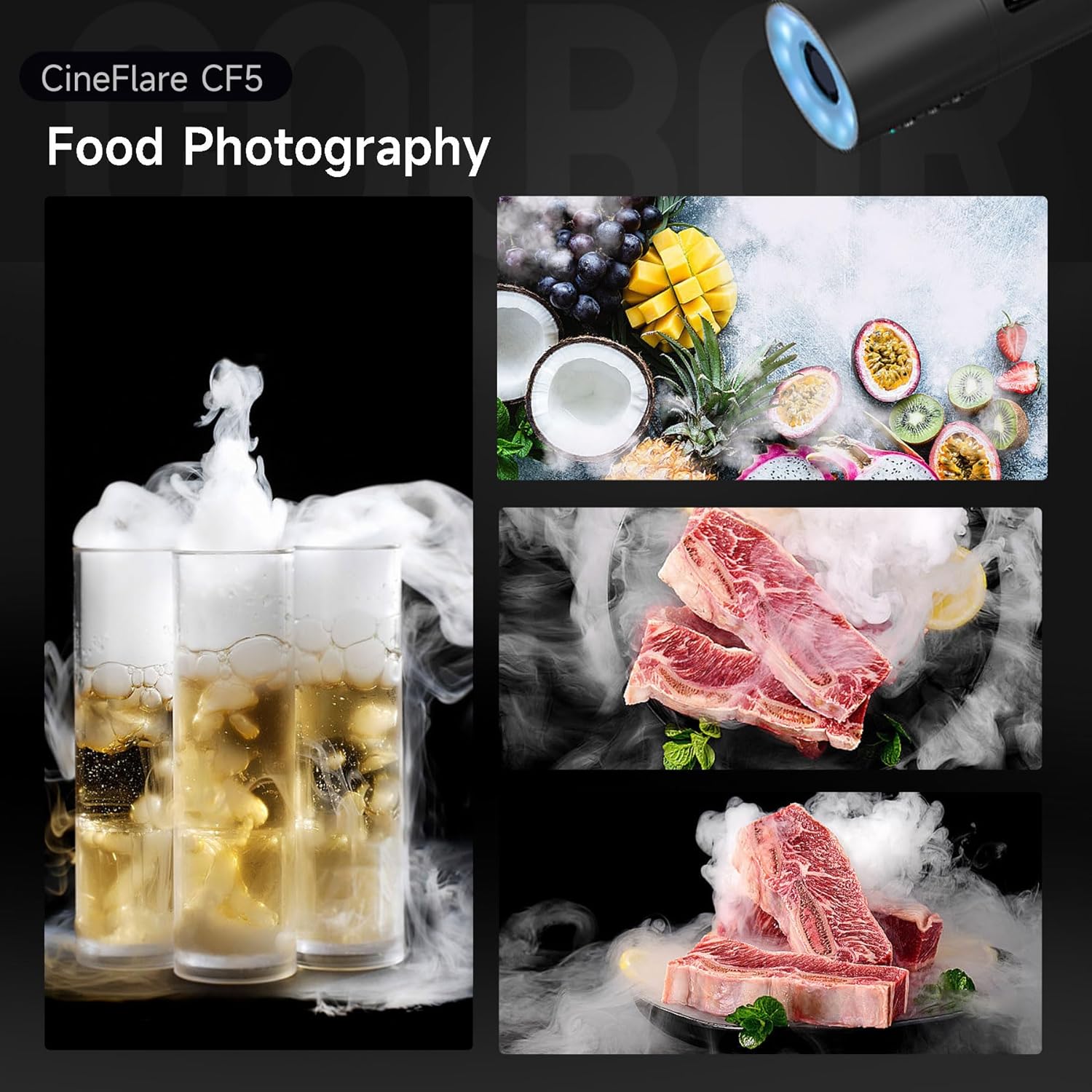 COLBOR CF5 Fog Machine accessories including adapter, flexible tube, and nozzle cover