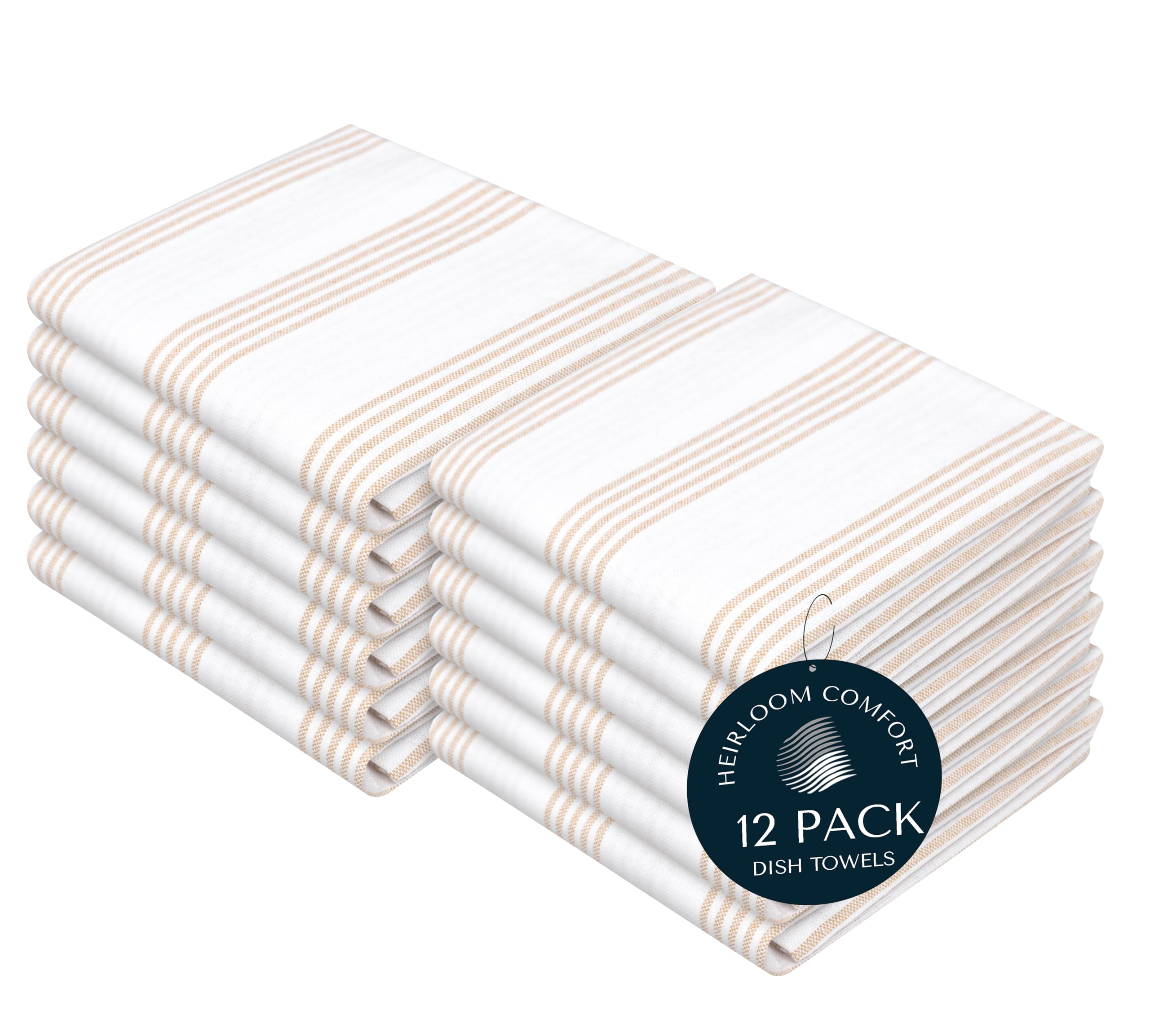Lot de 12 torchons de Cuisine à Rayures Beiges, 100% Coton, Super absorbants et à séchage Rapide, durables pour Une Utilisation en Cuisine, Nettoyage et séchage de la Vaisselle