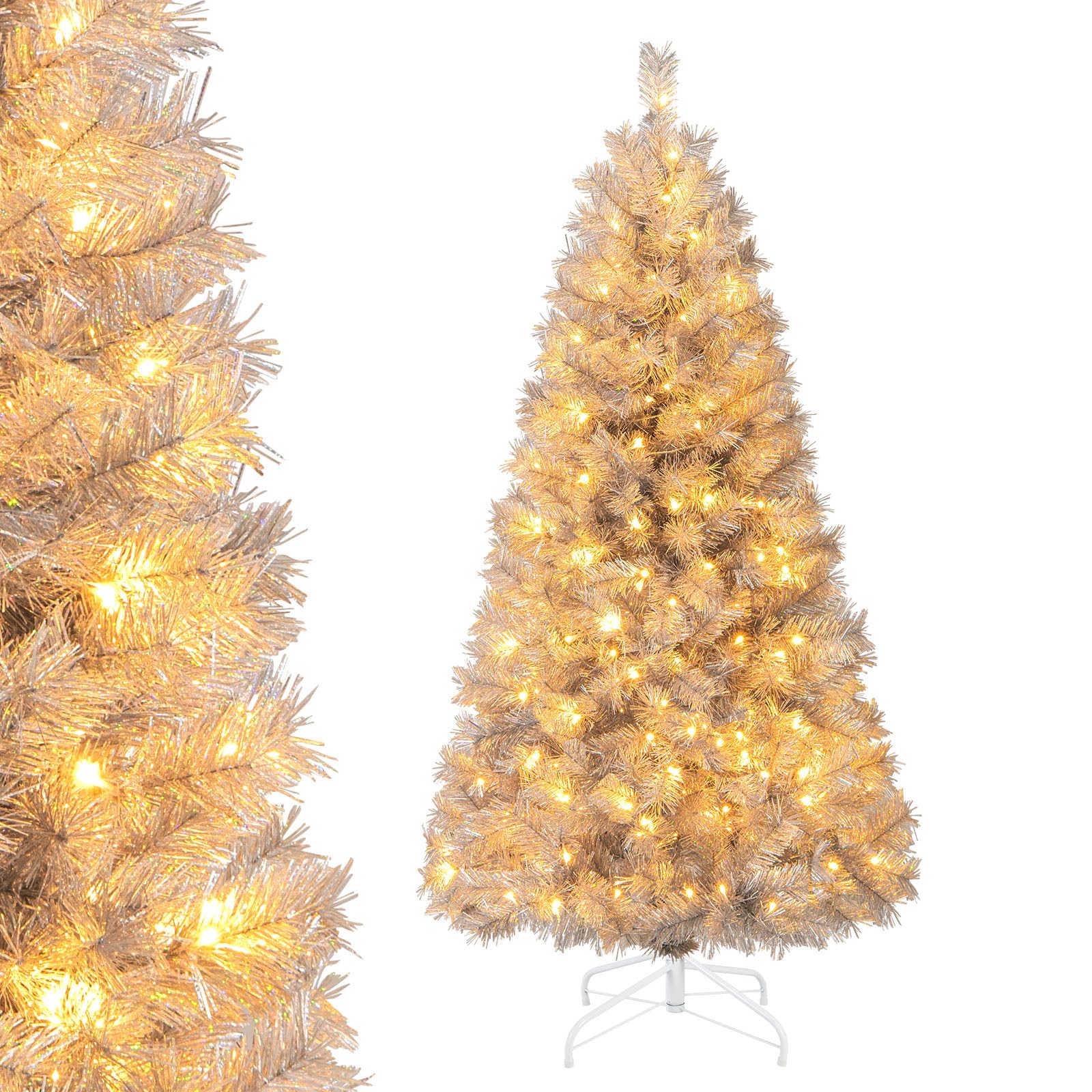 CVHfhjTG christmas tree, Hinged Xmas Tree with Branch Tips, Warm White LED Lights and Silver Tinsel Leavesfor Home Office(5FT)