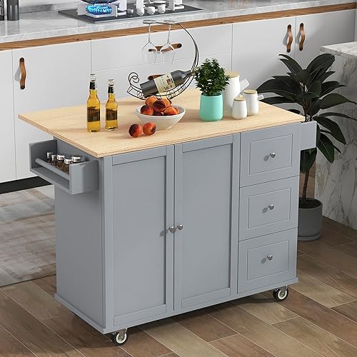 LUMISOL Isla de cocina rodante con hojas colgantes para cocina, carrito de cocina móvil con ruedas con parte superior de madera maciza, estante para