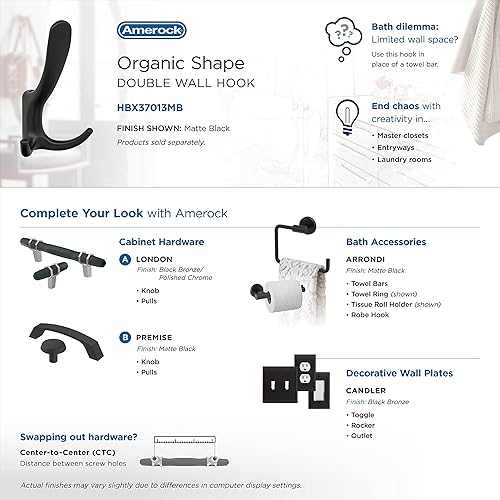 Miniatura 6 de Amerock HBX37013MB - Gancho decorativo de pared de triple punta, color negro mate para abrigos, sombreros, mochilas, bolsos, ganchos para baño,