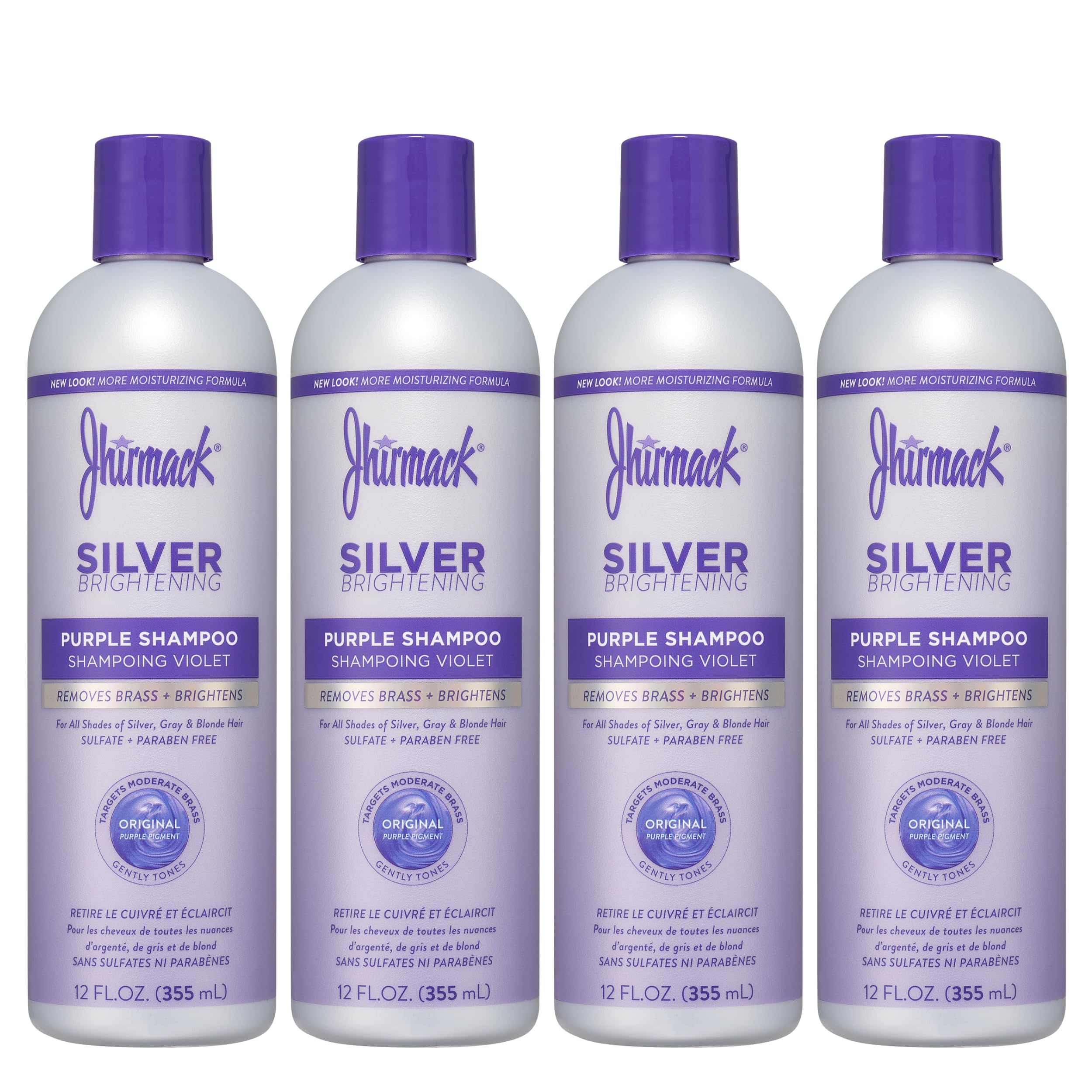 Jhirmack Silver Brightening Ageless Purple Shampoo Set of 4 developed for all shades of silver, gray, and blonde hair and enhance highlights
