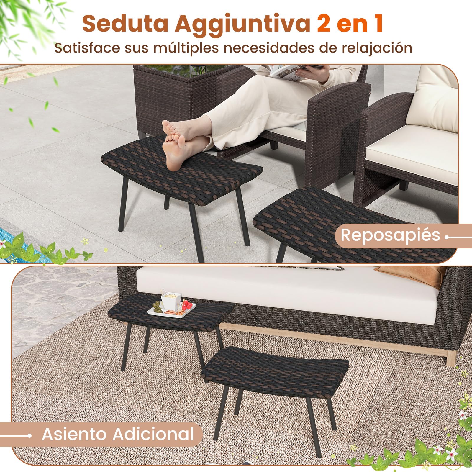 COSTWAY 2 Otomanas Ratán de Patio, Taburetes con Espuma Acolchada, Patas de Metal Resistentes, Reposapiés de Mimbre Exteriores Piscina Patio Trasero, Marrón