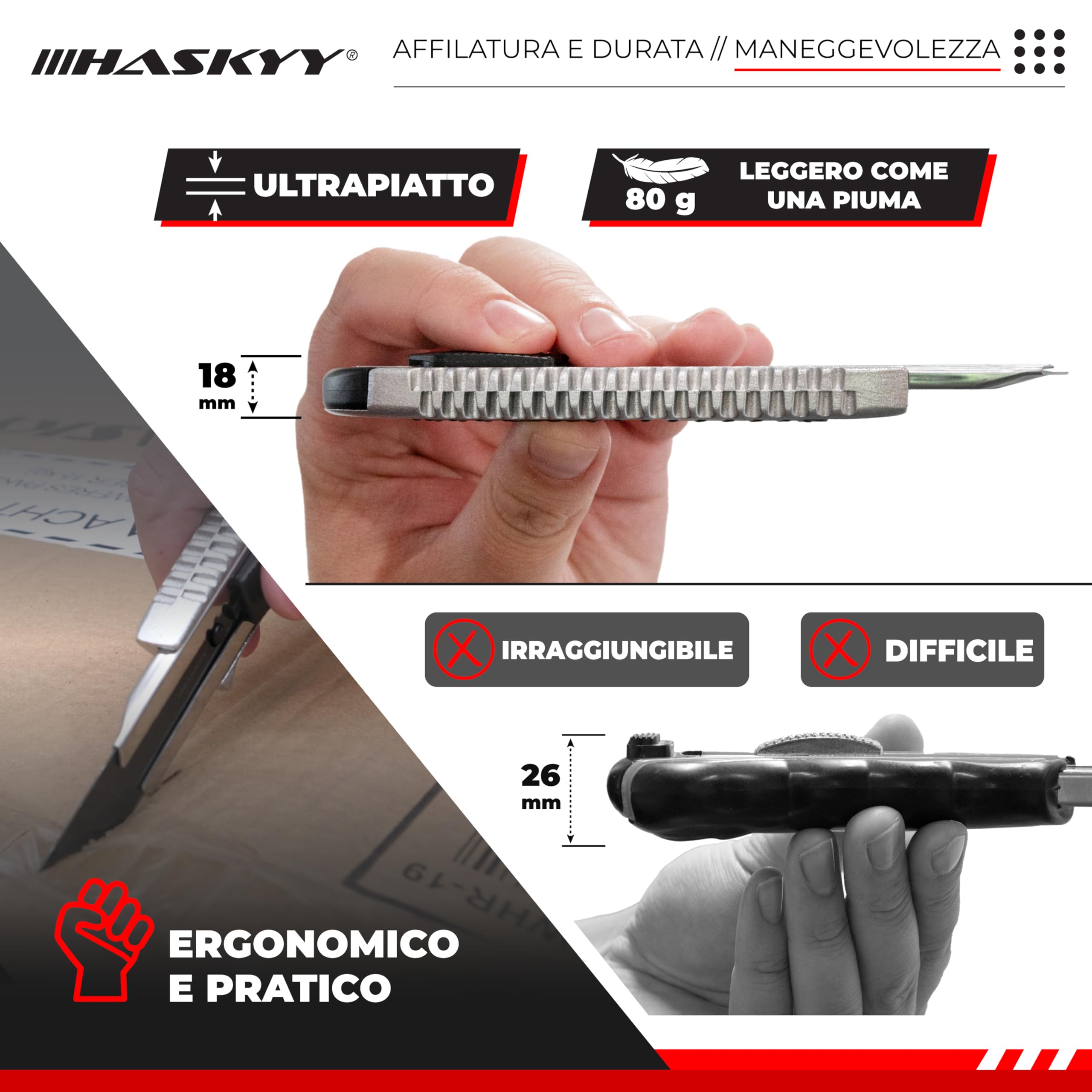 HASKYY Set 2 Taglierini Professionali 18mm + 5 Lame SK5 Premium - Cutter Sicurezza con Auto-Lock
