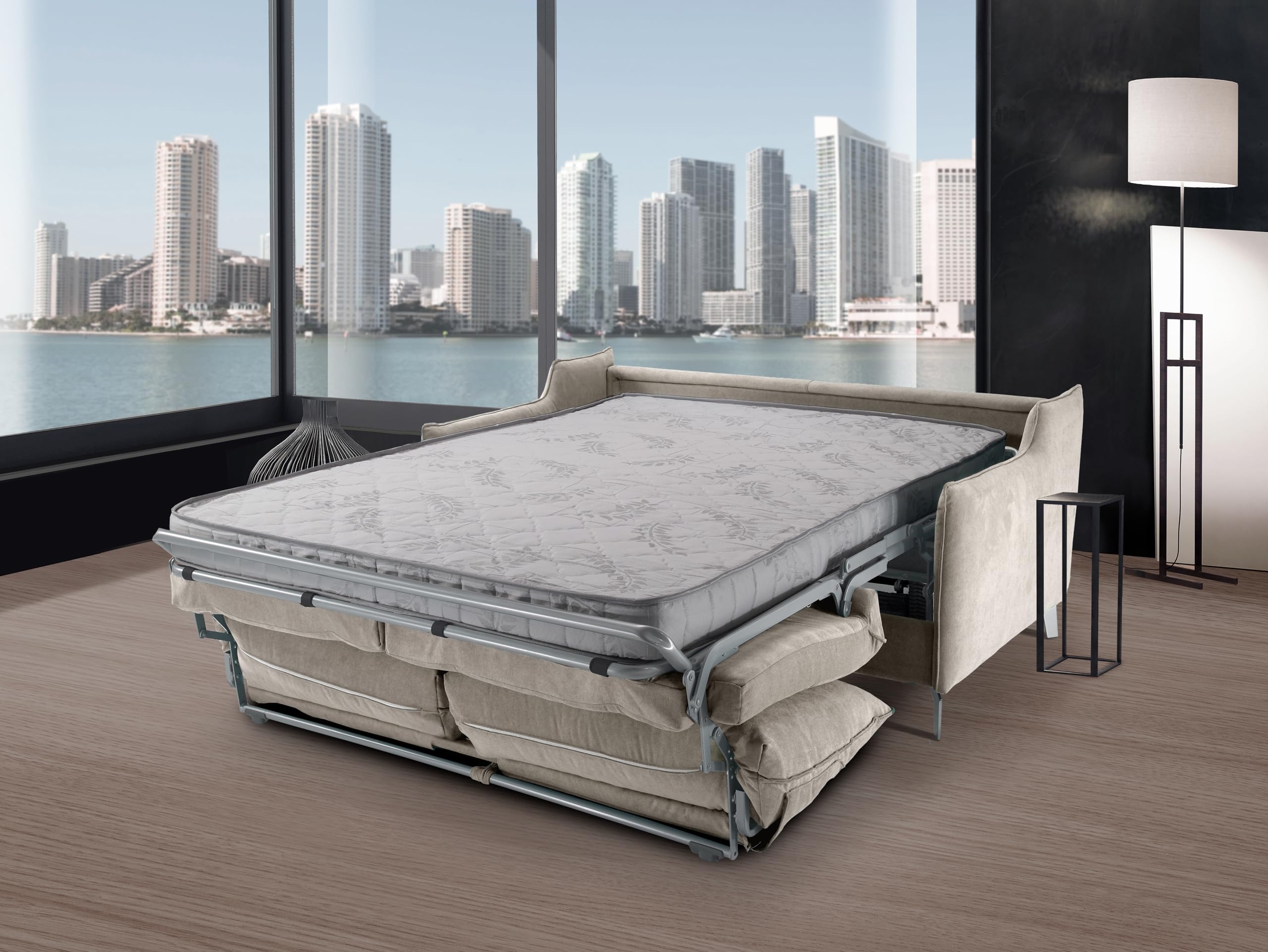 Divano Letto SILVIO 3 Posti Struttura in Metallo e Legno Imbottitura in Gomma di Poliuretano Rivestimento in Tessuto Rete ad Apertura Rapida Materasso 140x190cm H14cm Colore: Camel