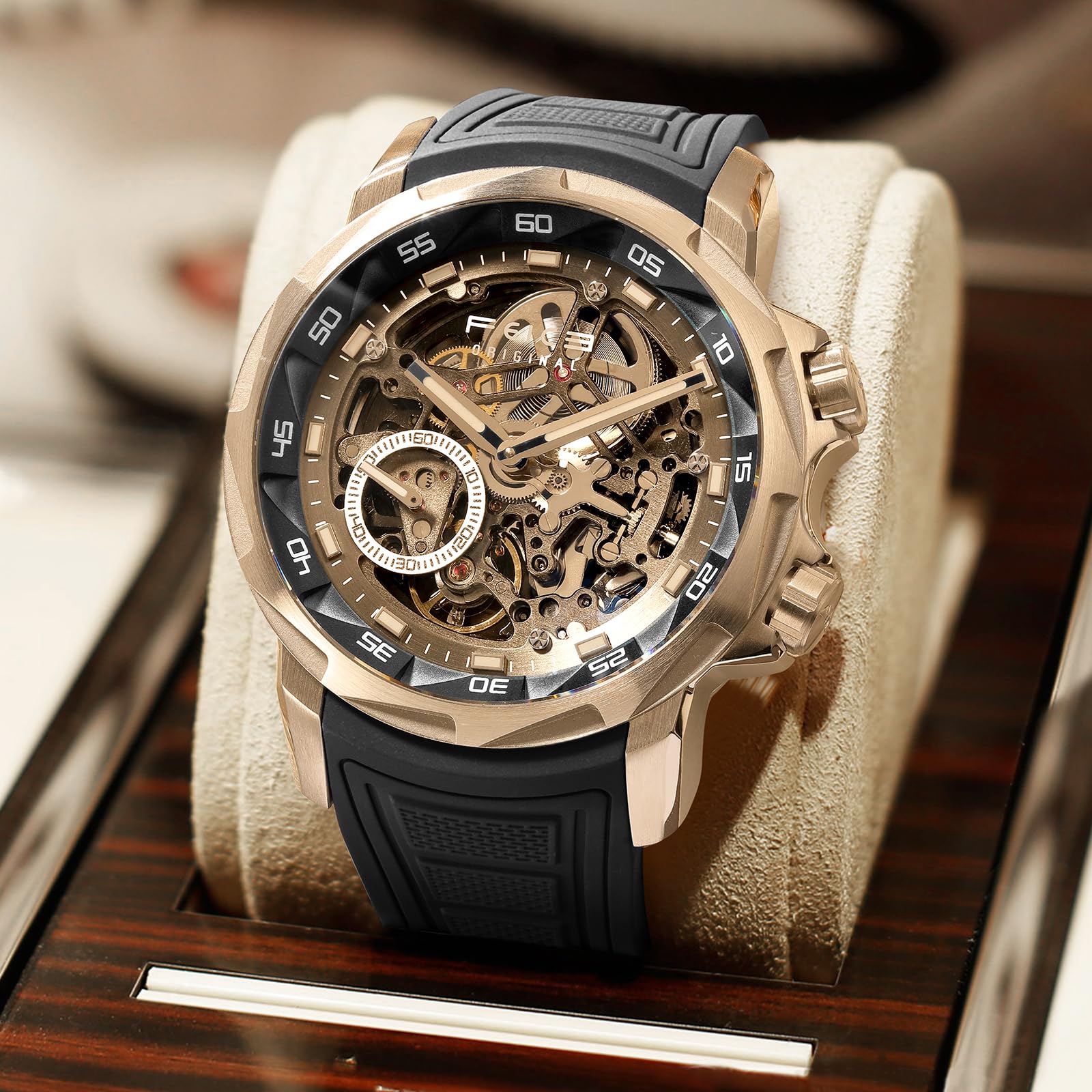 FEICE FM511 Herren Automatikuhr Skelett Saphirglas Schwarzem Gummiarmband | Edelstahlgehäuse 46 mm, Skelettiertes Zifferblatt, Leuchtzeiger, Wasserdicht bis 5 ATM