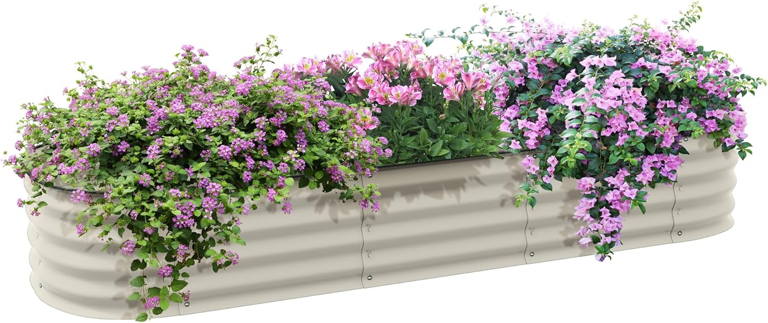 6.4' x 2' x 1' Galvanized Raised Garden Bed Kit, Outdoor Metal Elevated Planter Box with Safety Edging, Easy Stock Tank for Growing Flowers,s & Vegetables, Cream