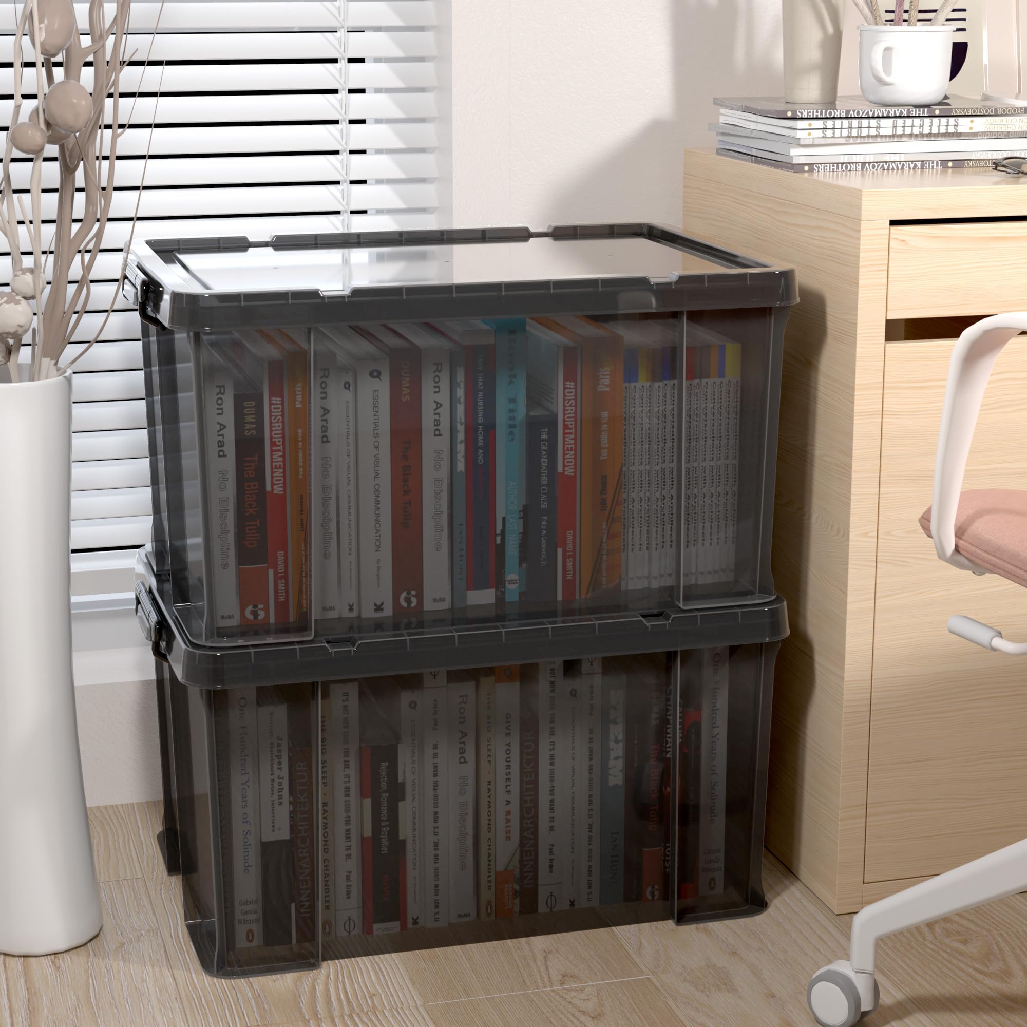 Cetomo 80L*3 Cajas de Almacenamiento, Cubo de Almacenamiento Plástico Apilable con Tapas, Contenedor de Alta Resistencia con Esquinas Reforzadas, Duradero, Negro Transparente, 80L-Conjunto de 3