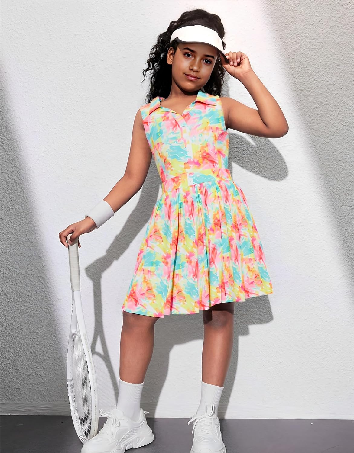 JiAmy Girls Tennis Dress Sleeveless Polo V Neck Athletic Dress Cutout Back Printed Pleated Girls Golf Dresses 3-12 Y