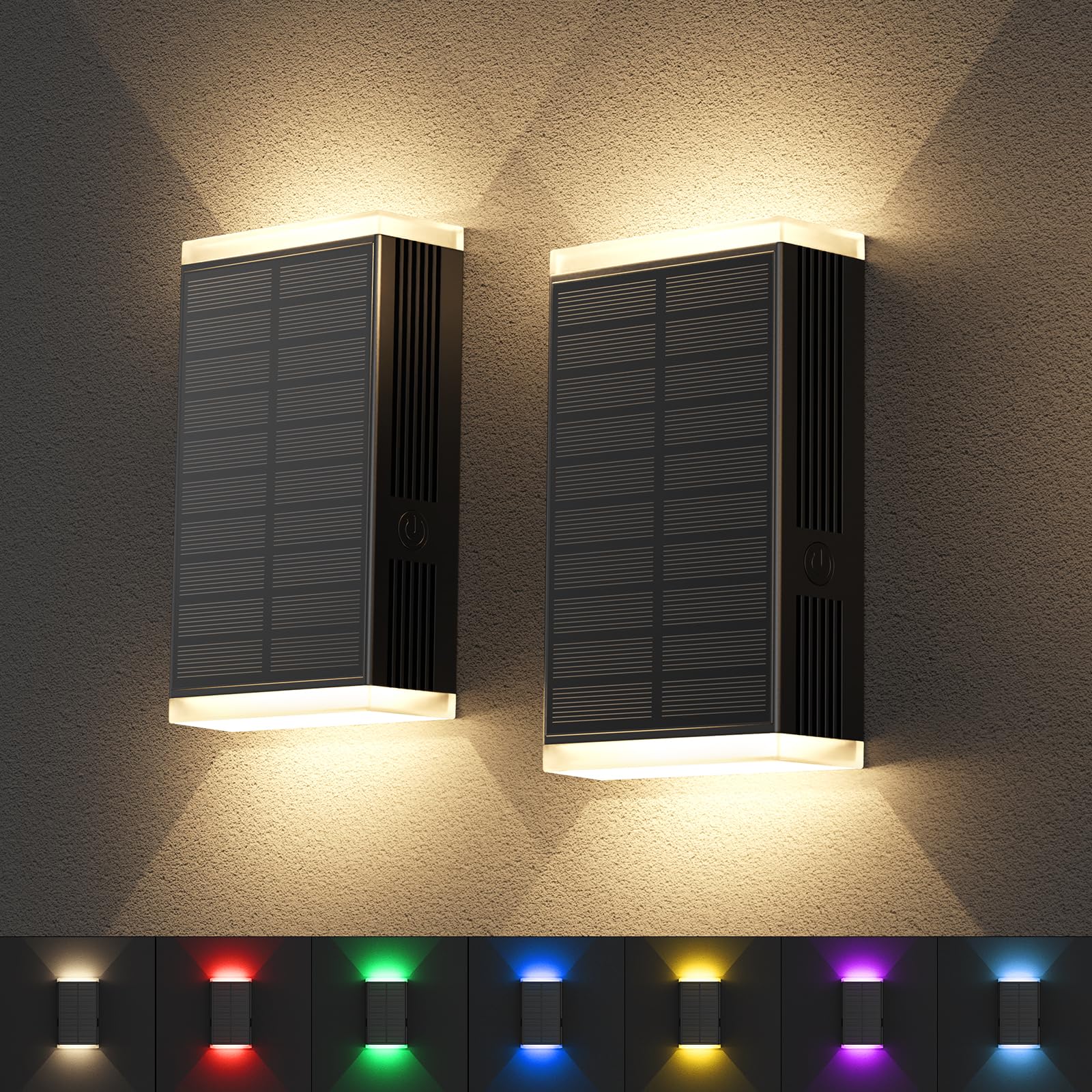 Solarleuchten für den Außenbereich, 3000 K, warm, wasserdicht, Dämmerung bis Morgendämmerung, Wandleuchter für Außen, Zaun, Gehweg, Veranda, Deck (RGB & Warmweiß), 2 Stück