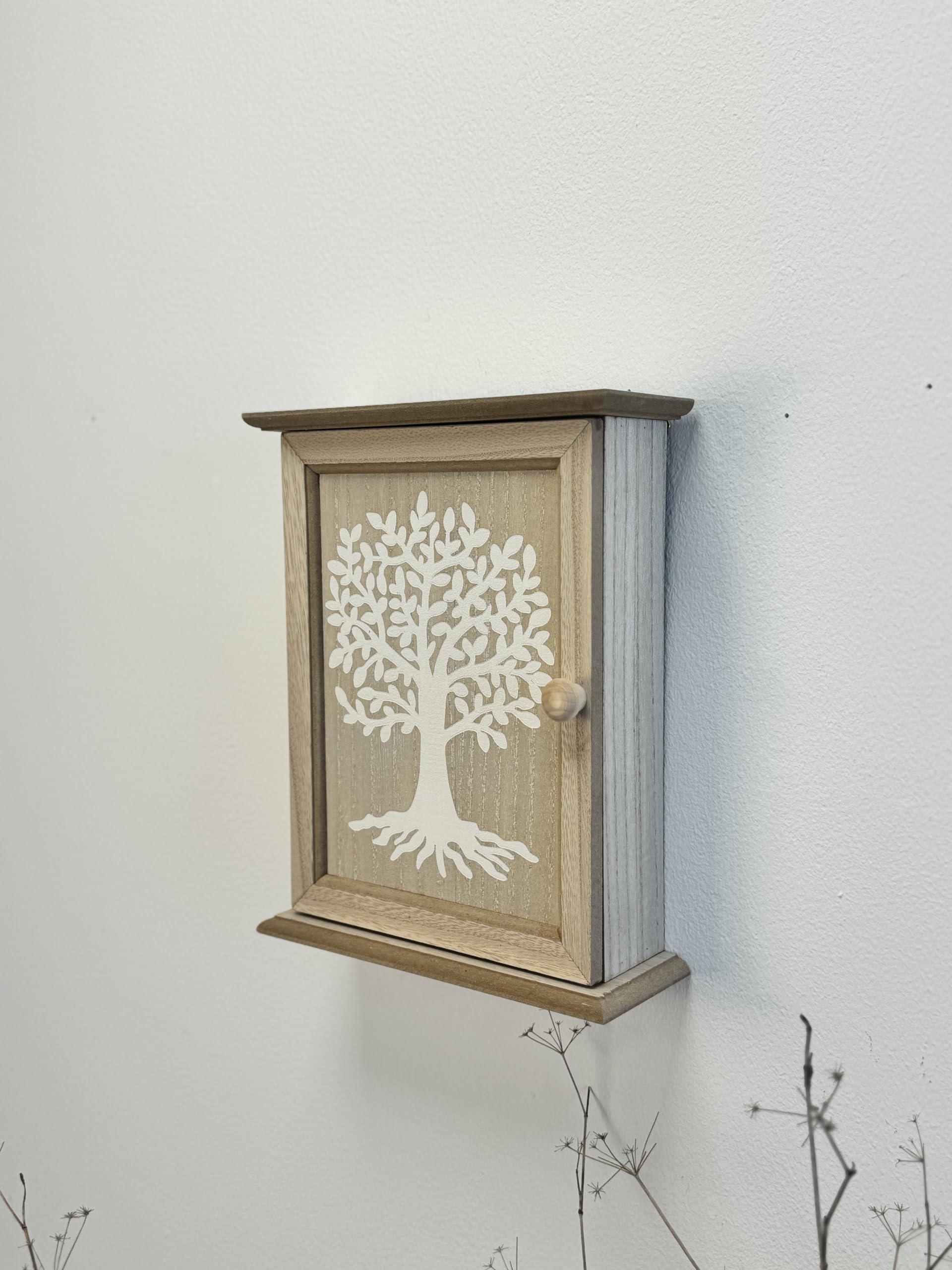 Caja Guardallaves de Madera Decorada Estilo Nórdico con 6 Colgadores de Pared -Arbol de la Vida