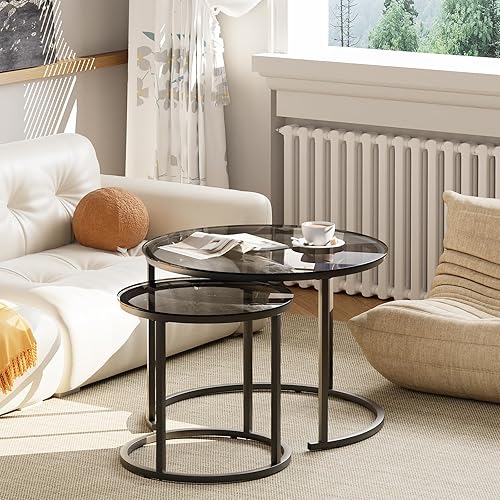 Miniatura 109 de aboxoo Juego de 2 mesas auxiliares blancas con marco dorado, circulares redondas y con patrón de mármol, mesas de madera, sala de estar, dormitorio,