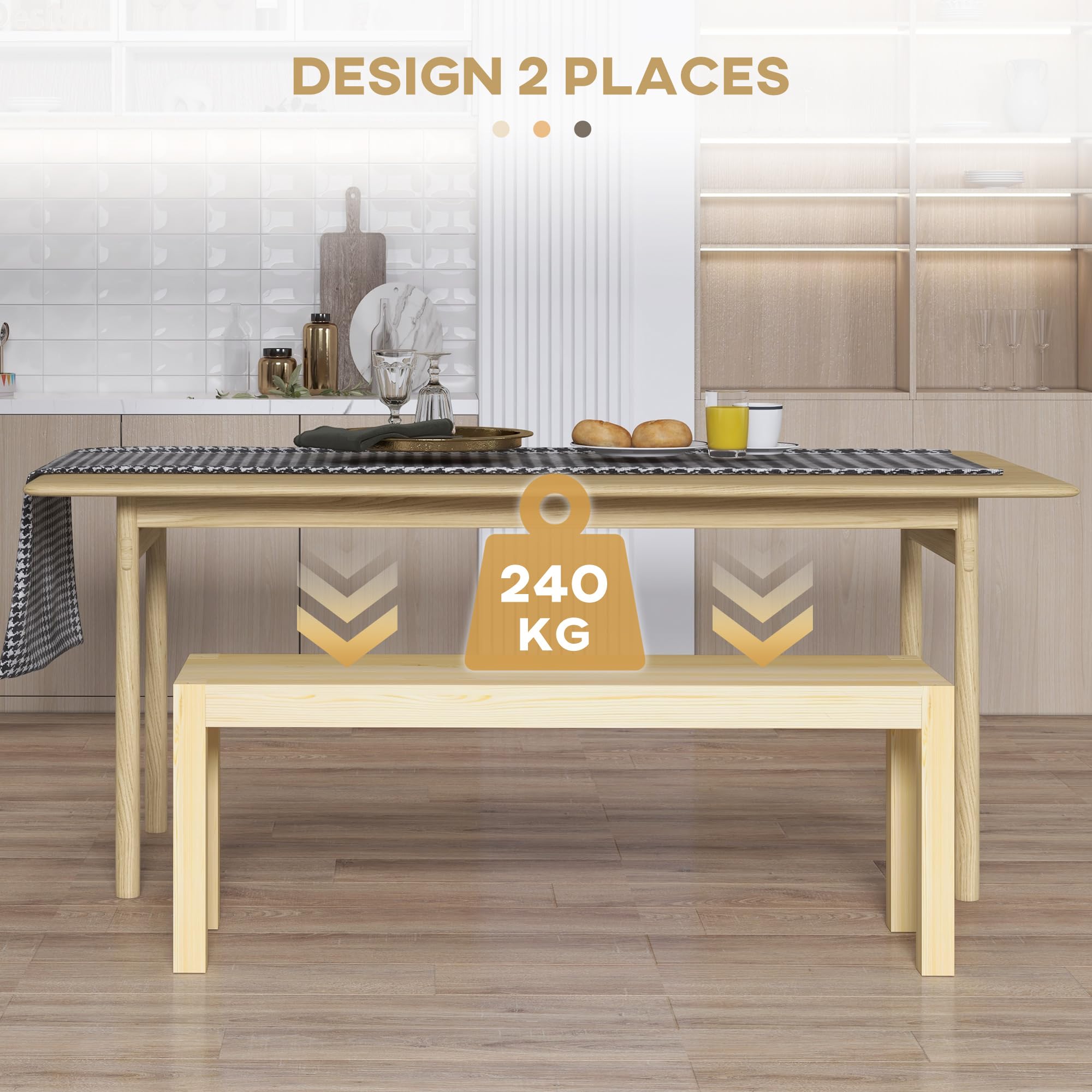 HOMCOM Banc de Cuisine en Bois Massif 2 Places 120x33x45 cm Bois Naturel