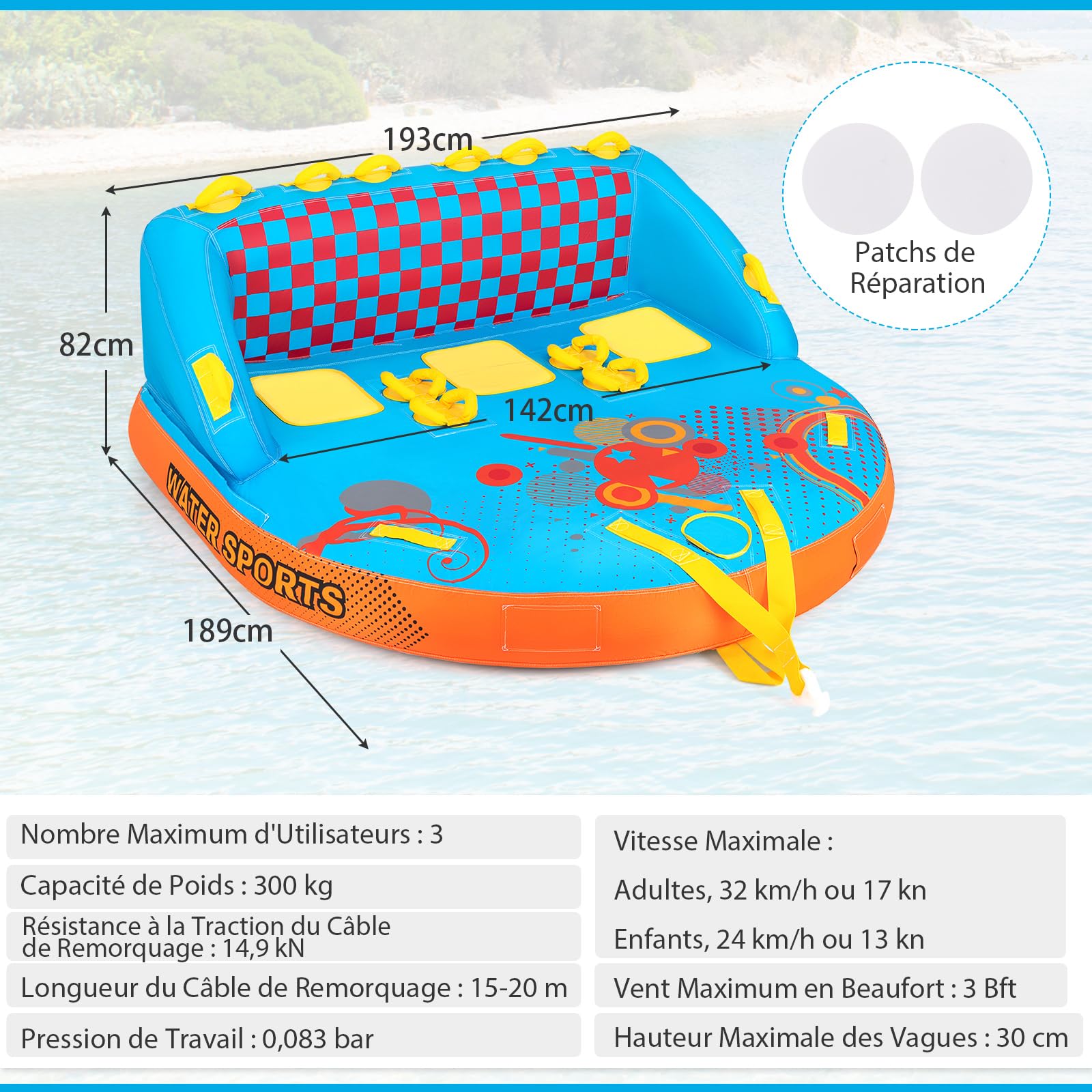 COSTWAY Bouée Tractée Gonflable pour 3 Personnes Charge 300KG, Gonflable Bateau Remorquable Housse en Nylon avec 2 Points de Remorquage, pour Sports Nautiques, 193 x 189 x 82 cm