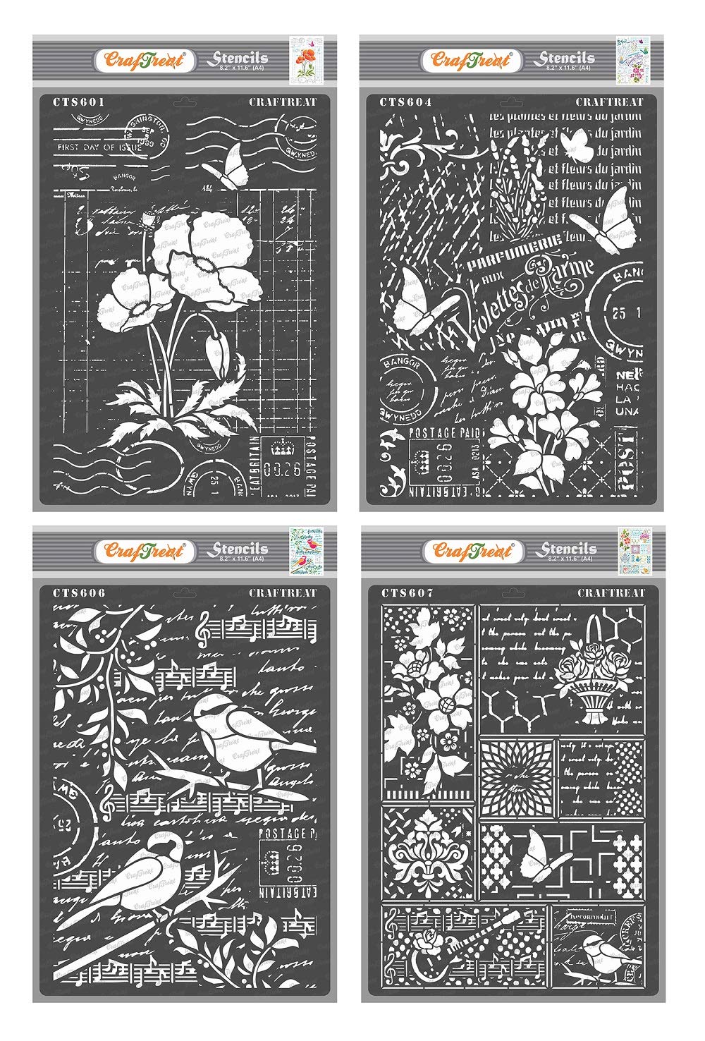CrafTreatReusable Stencils for Painting on Wood, Canvas and Fabric - Ledger Poppy, Flower Collage, Bird Song & Bits and Pieces - 4 Pcs - Size: A4 (8.3 x 11.7 Inch) Each - DIY Art and Craft Stencils