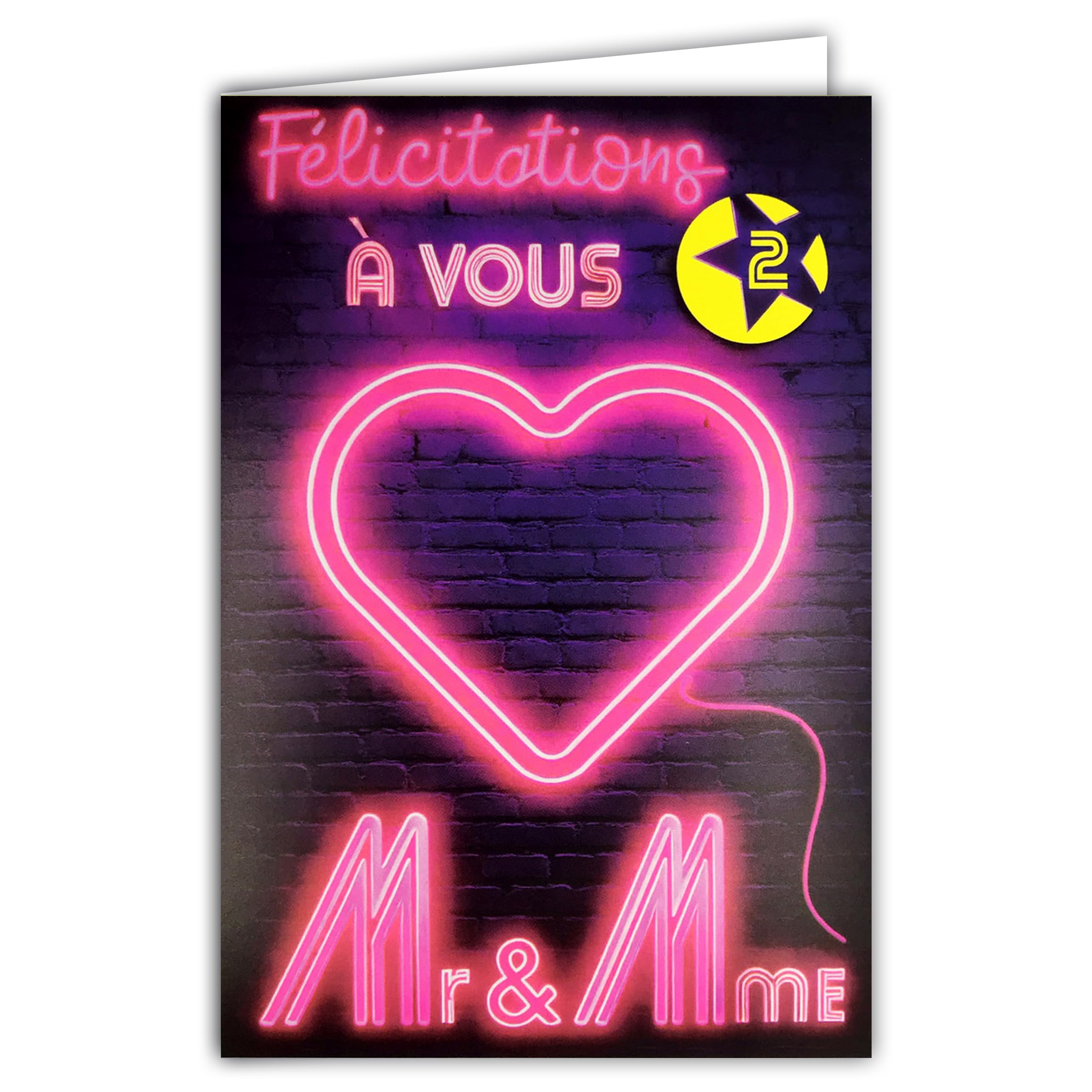 69-8125 Neon Card with Text Neon Congratulations to You 2 Couple Mr and Mrs Mr & Mrs with Envelope 12 x 17.5 cm - White Interior for Writing - Real Fluorescent Inks - Created and Made in France