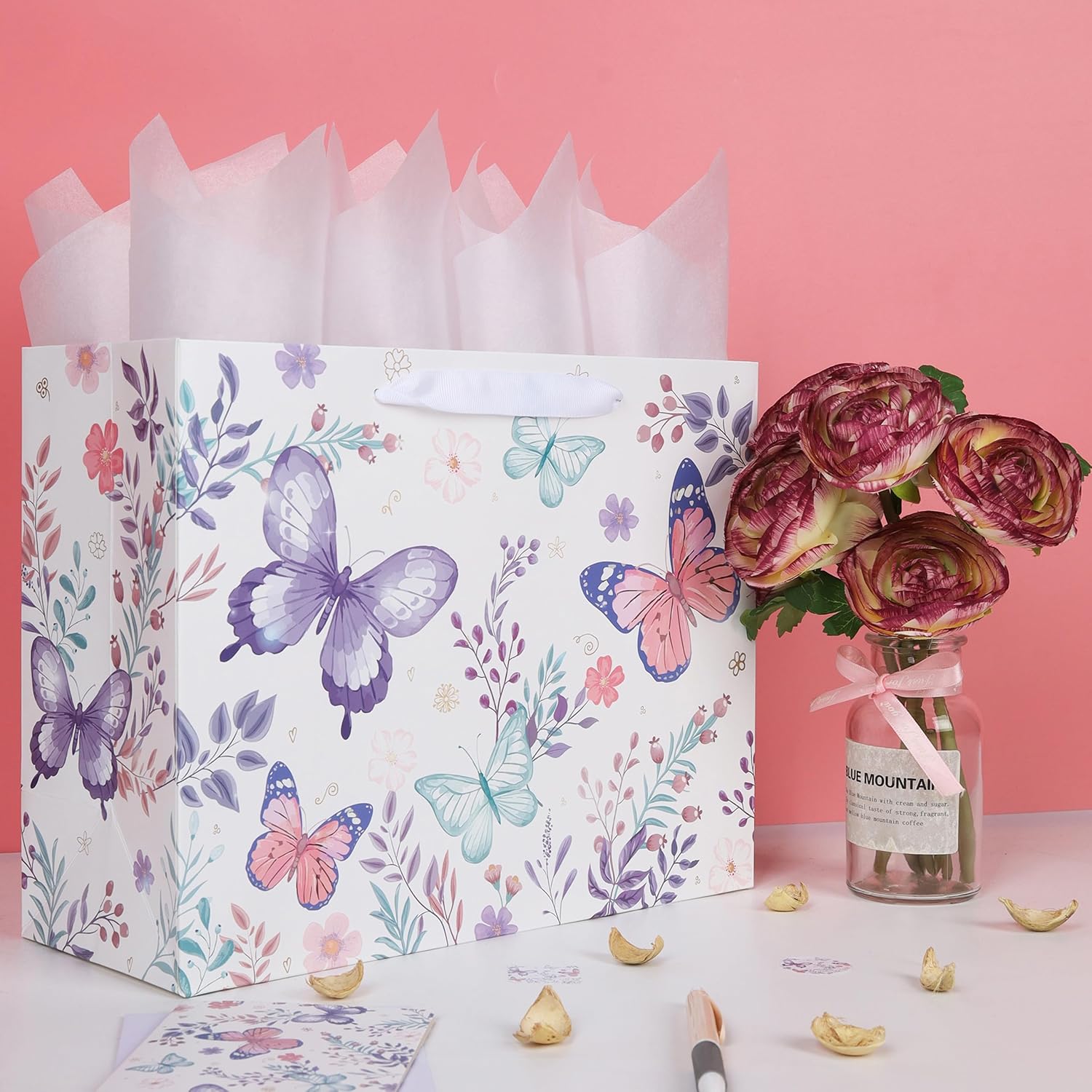 13'' Large Flowers Gift Bag Set with Handles, Greeting Card, Tissue Papers and Stickers for Girls Women Kids Teens for Birthday Party, Weddings, Anniversaries, Mother's Day, Floral & Butterfly Design, 1 Pcs image 5