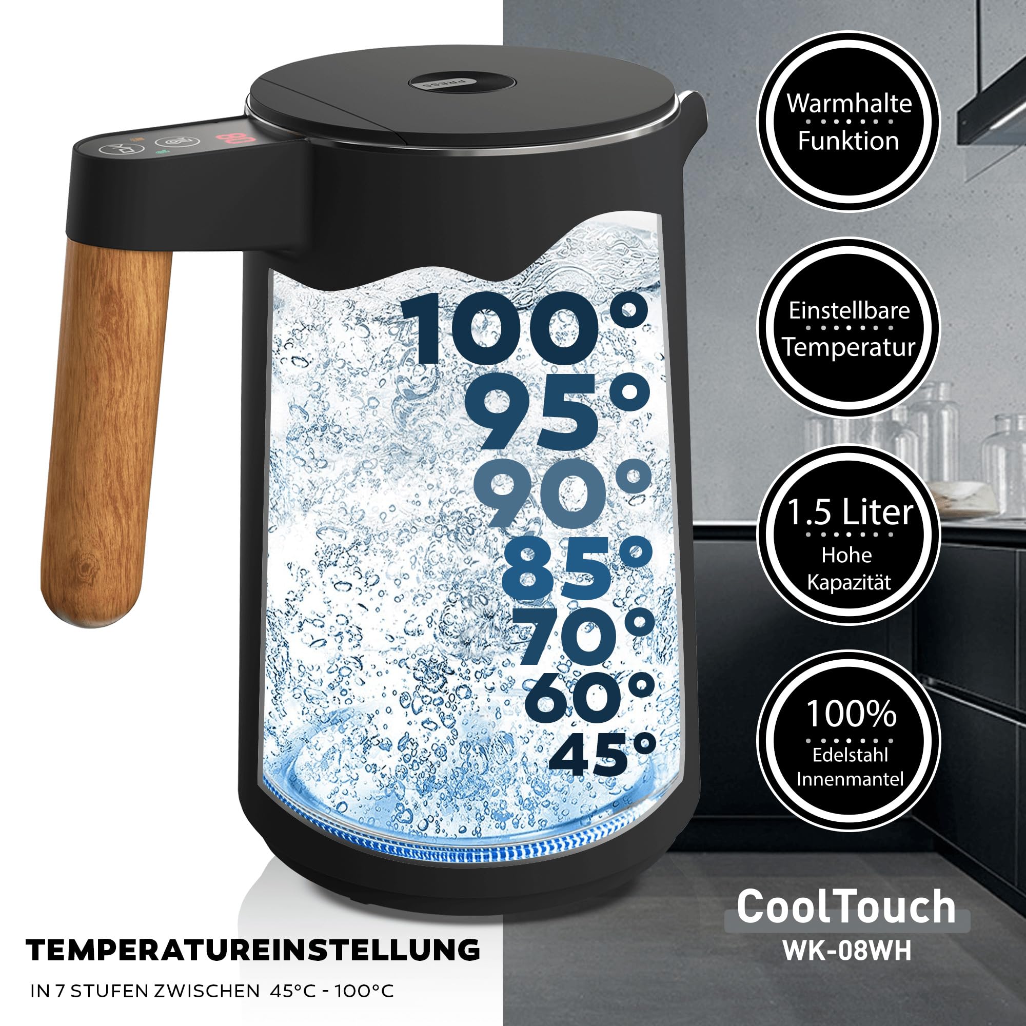BALTER Edelstahl Wasserkocher mit Temperatureinstellung, 45°C-100°C, Doppelwand, BPA frei, leise & kabellos, Warmhaltefunktion, Teekocher mit Temperaturanzeige, 1.5L, 2200W, Schwarz