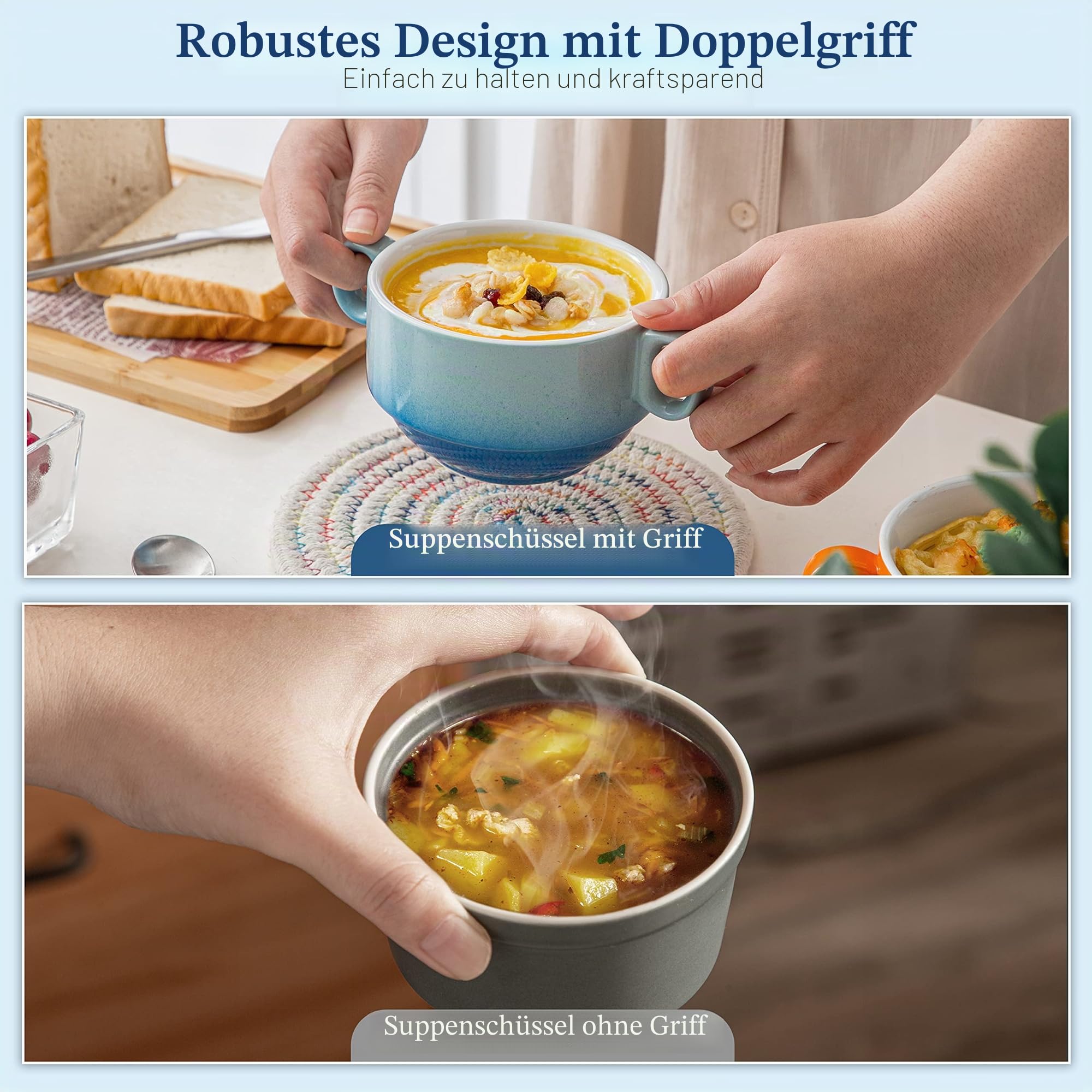 LOVECASA 420ml Suppentassen mit Henkel, 6-teilige Suppenschüsseln aus Steinzeug, Suppenschalen, Bouillontassen, Müslischüsseln, Bunt