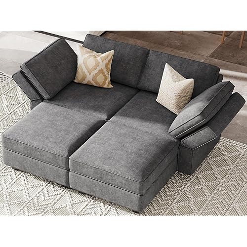 Bellfin Modular Sectional Sleeper Sofa Convertible Sofas with Storage Ottomans Small Sectional Couches for Living Room. Dark Grey Couch