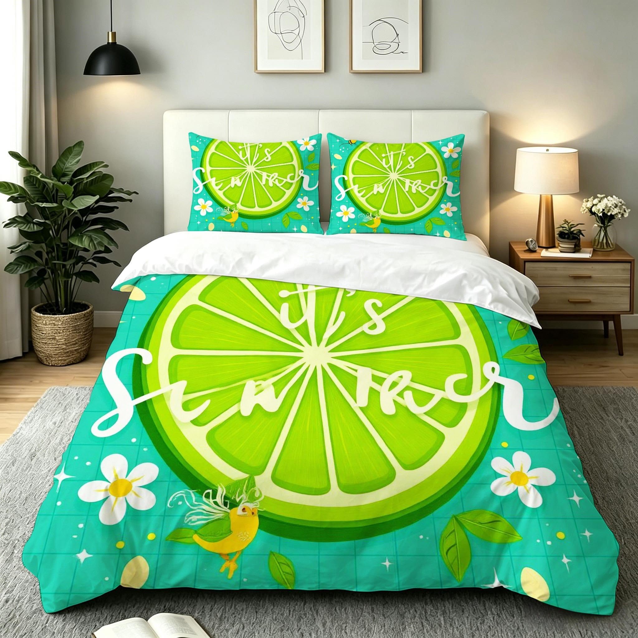 Copripiumino Matrimoniale Limone Verde 260x240, AW7350 | Traspiranti Durevoli Microfibra, per Tutta la Famiglia, Matrimoniale, per Tutte le Stagioni, con 2 Federe 50x80 cm