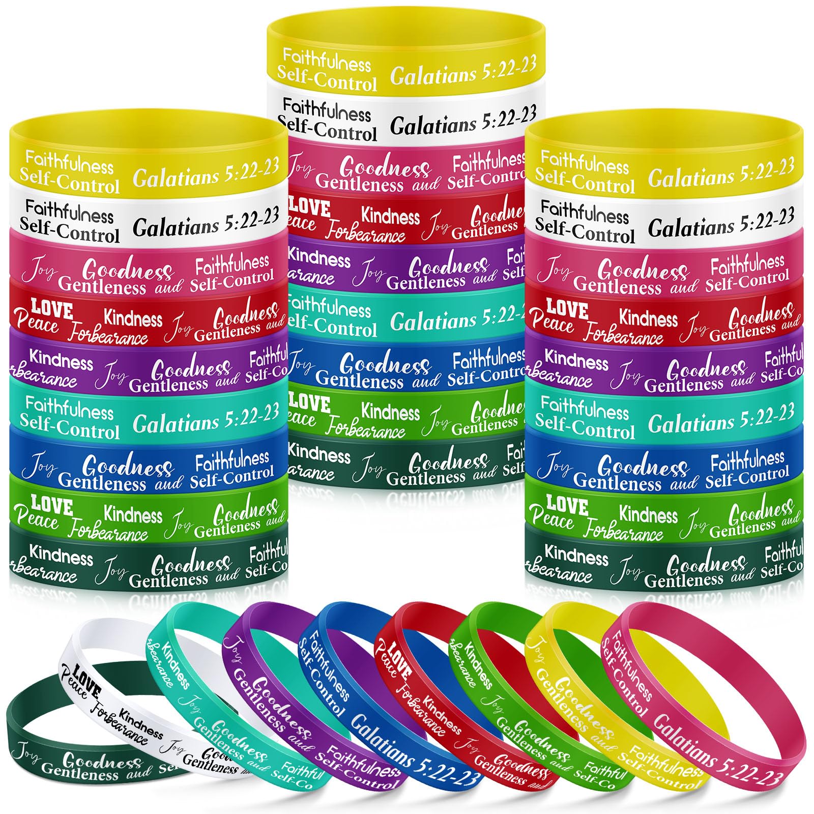 Huquary 48 Pcs Fruit of the Spirit Bracelet Inspirational Scripture Christian Silicone Bracelets Bulk Religious Motivational Love Joy Peace Patience Wristband Gift Decor (Multicolour)