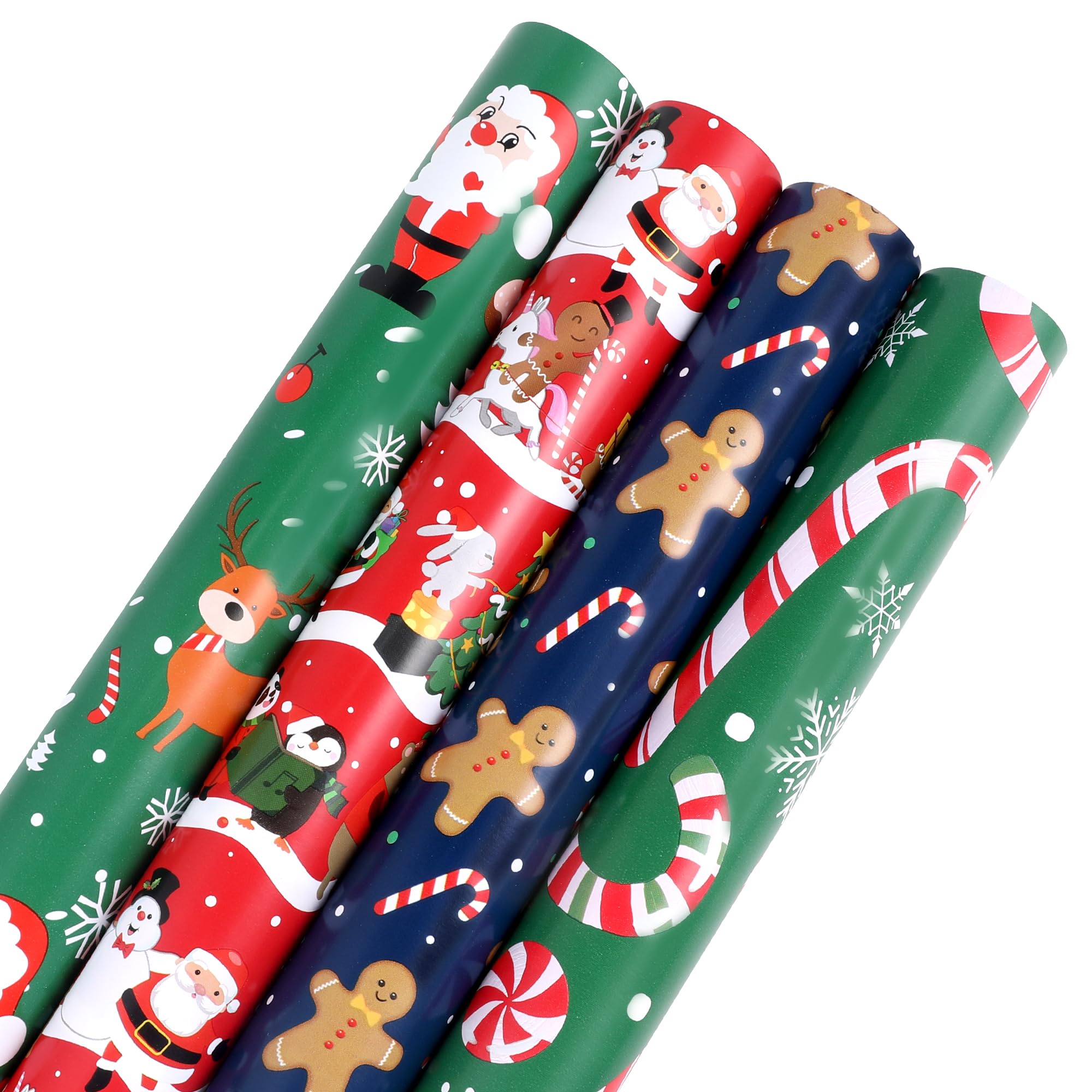 Panigkids Christmas Wrapping Paper, 4 Rolls, 17 Inches x 16.4 Feet Per Roll, Xmas Jumbo Holiday Gift Wrapping Paper Rolls with Santa's Sleigh, Santa's, Reindeer Designs, for Chrsitmas, Holiday, Party Celebration