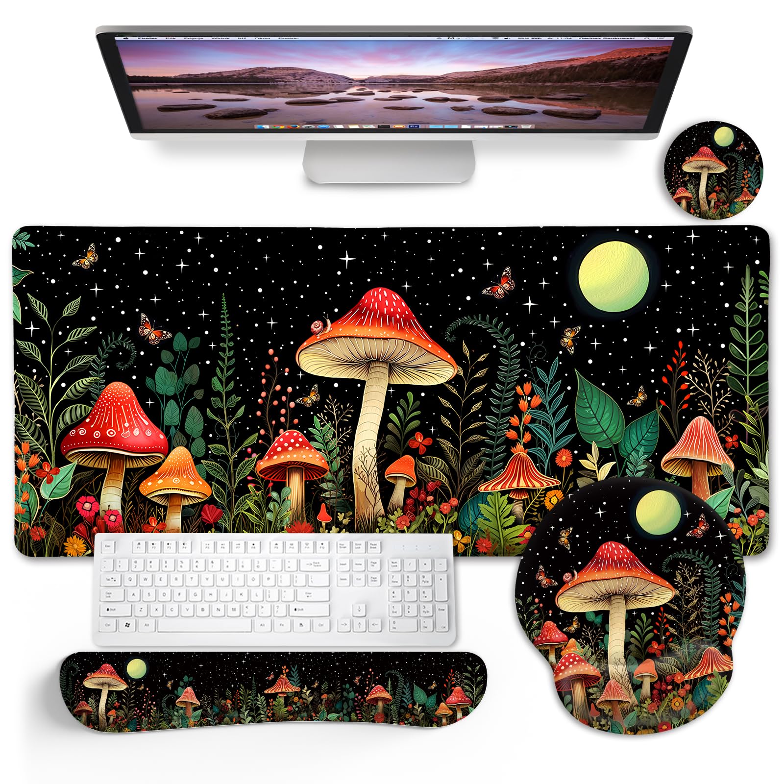 Blusabaca Mushroom Mouse Pad, Funny Cute Desk Mat Large Gaming Mouse Pad with Wrist Rest, Keyboard Pad Wrist Rest Ergonomic, Cup Coaster, Work Home