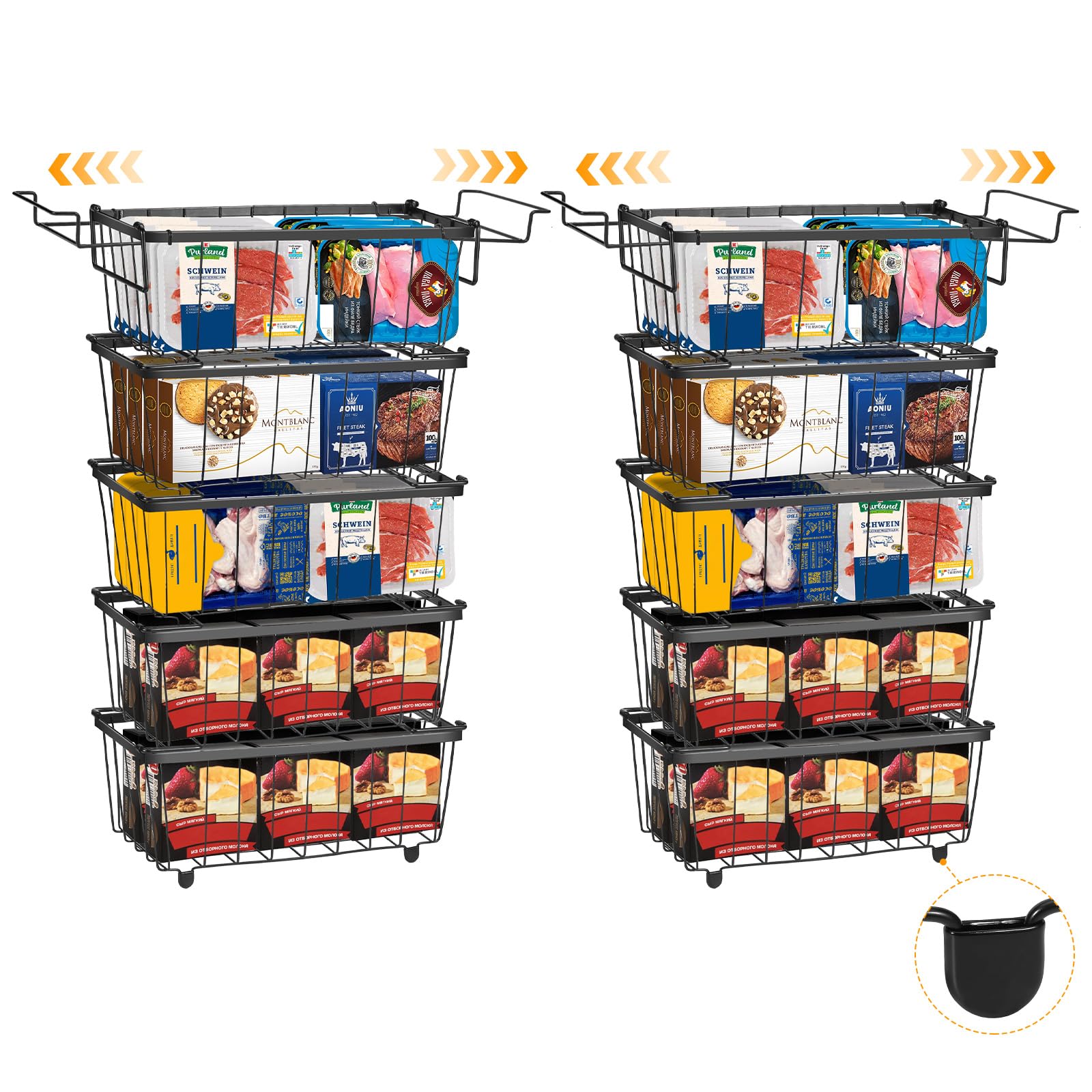 Freezer Organizer Bins, 10 Pack Stackable Deep Chest Fridge Organizer Bins, Foldable Baskets with Handles and Extension Brackets, Storage Container Baskets for 5/7 Cu.FT Deep Freezer Meats, Black