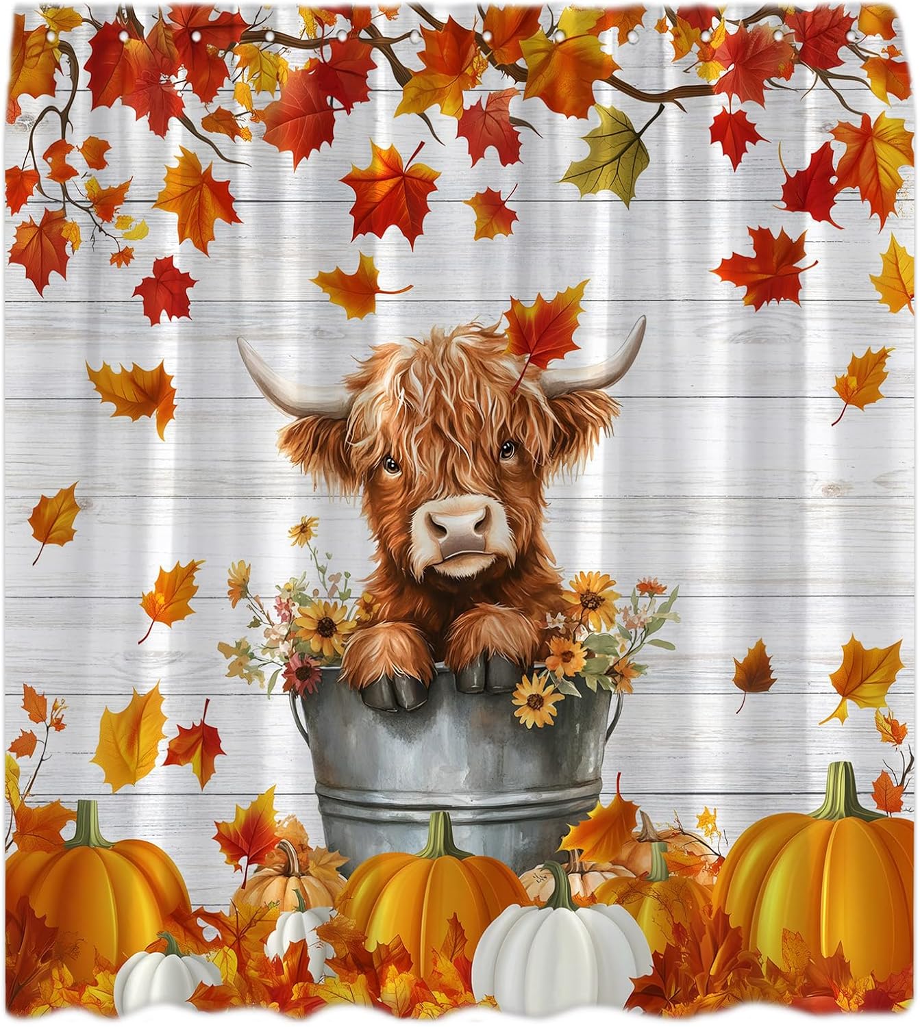 Fall Highland Cow Shower Curtain Autumn Pumpkin Maple Leaves Thanksgiving Harvest Rustic Wooden Board Cute Farm Animal Farmhouse Bath Curtain with Hooks